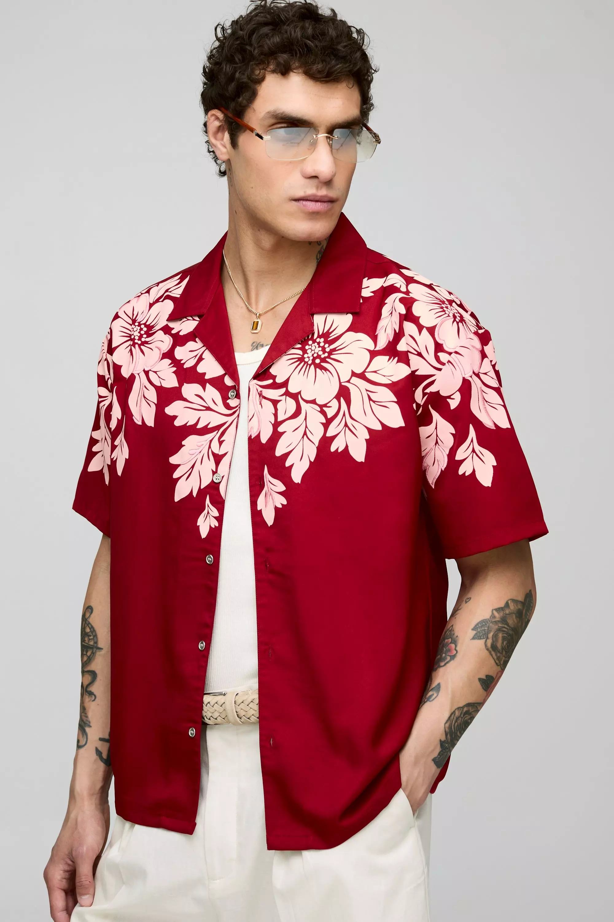 Oversized Floral Print and Embroidered Revere Soft Twill Shirt Red