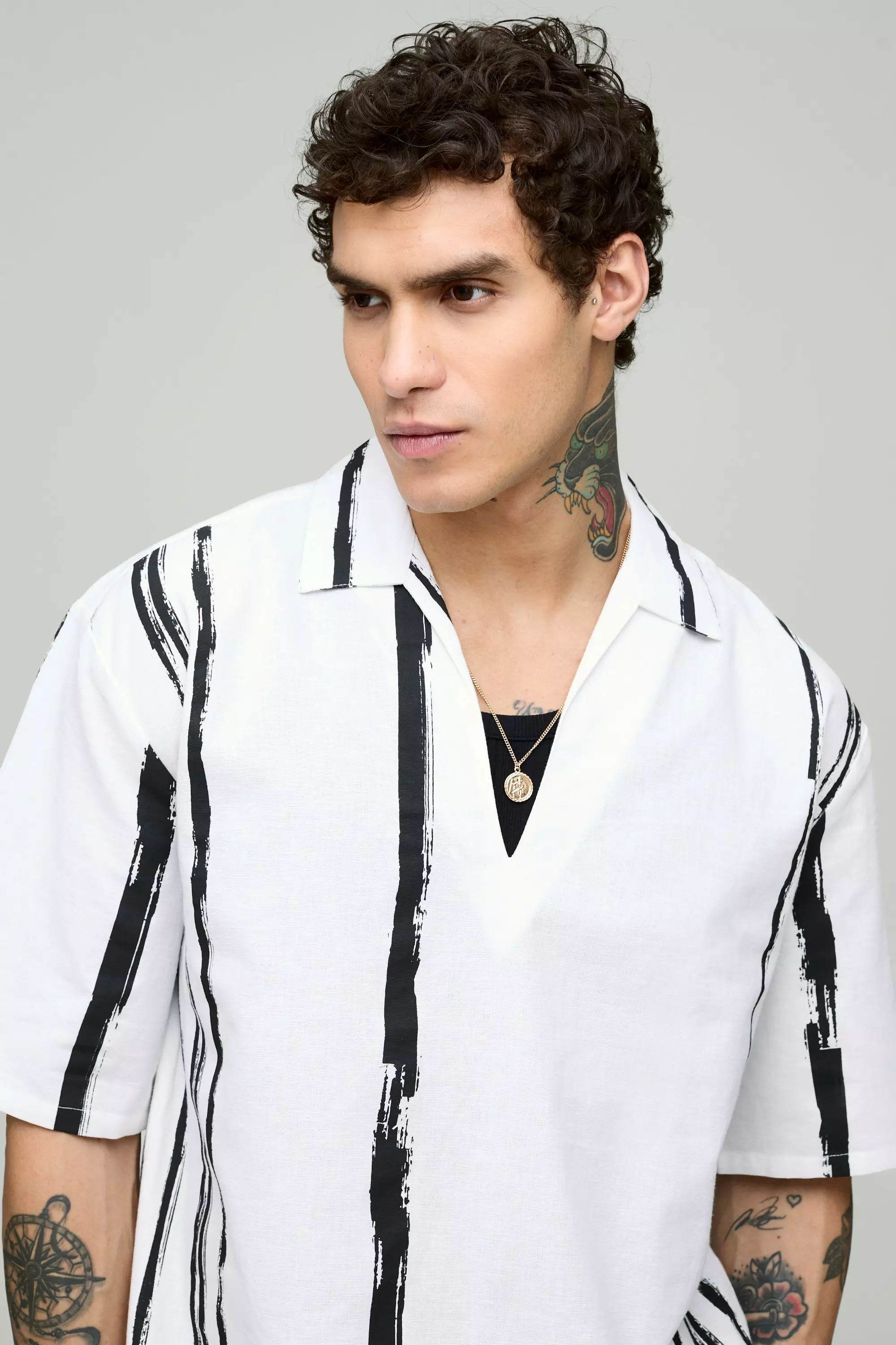 White Oversized Linen Stripe Plunge Neck Shirt alternative image