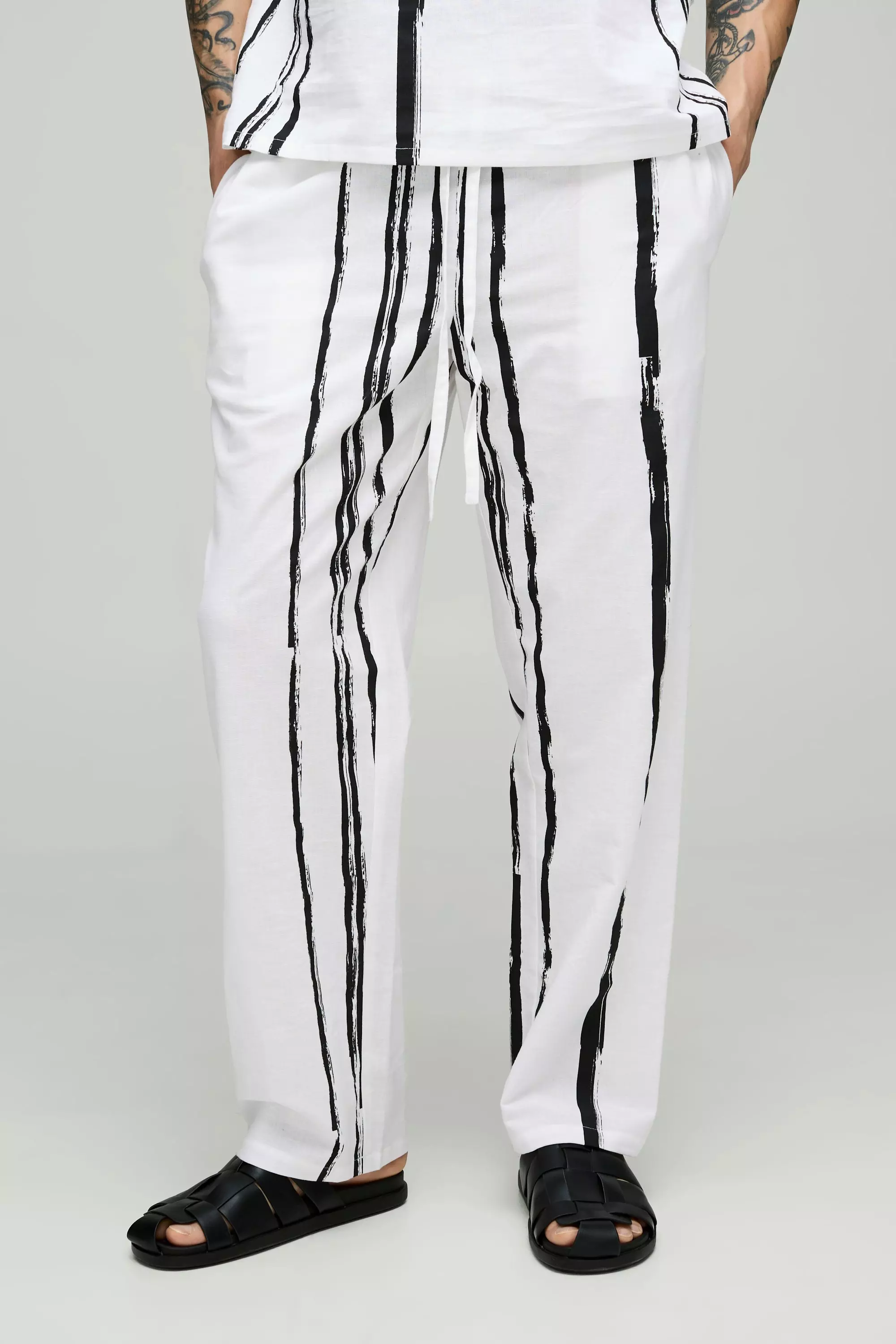 White Relaxed Linen Blend Stripe Trousers alternative image