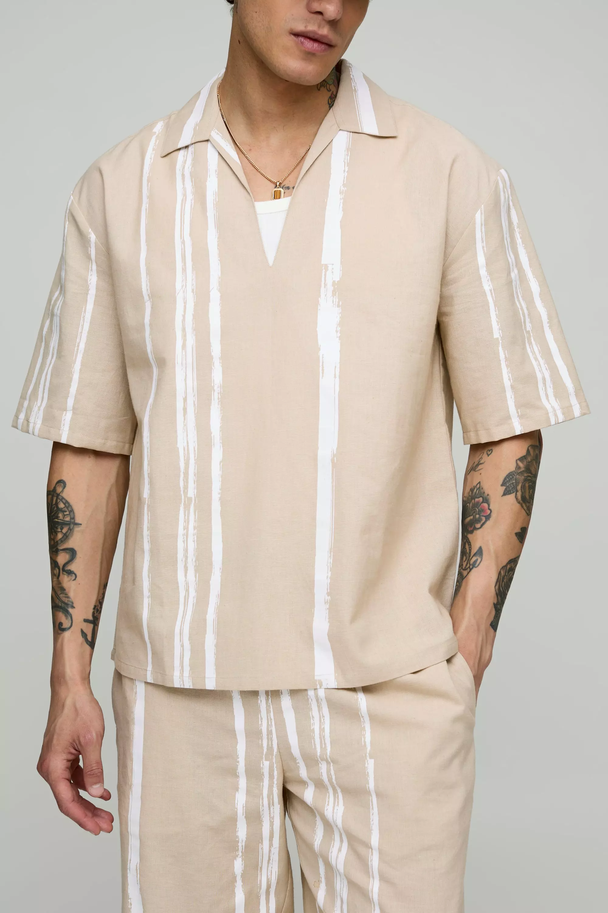 Stone Oversized Linen Stripe Plunge Neck Shirt alternative image