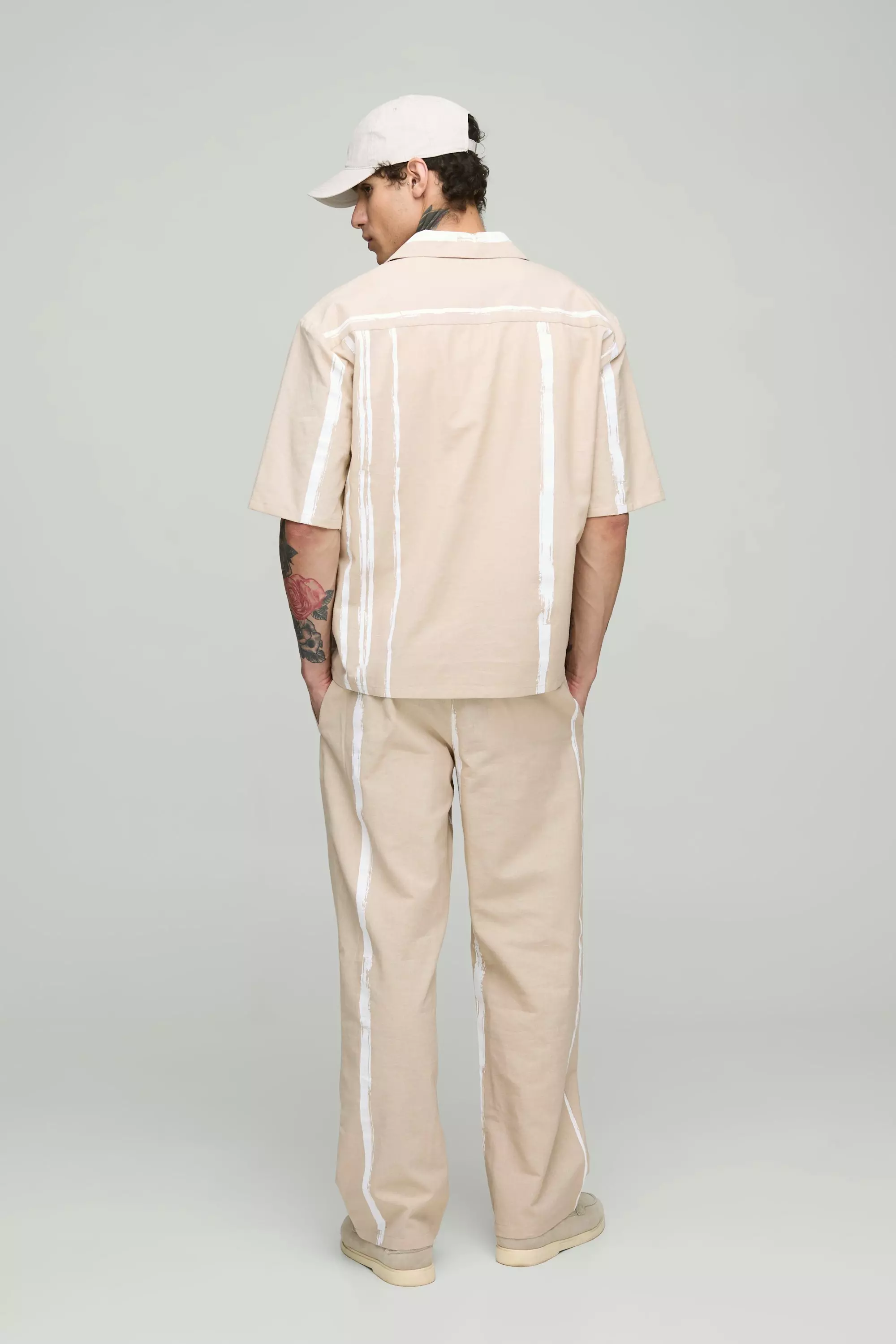 Stone Oversized Linen Stripe Plunge Neck Shirt alternative image