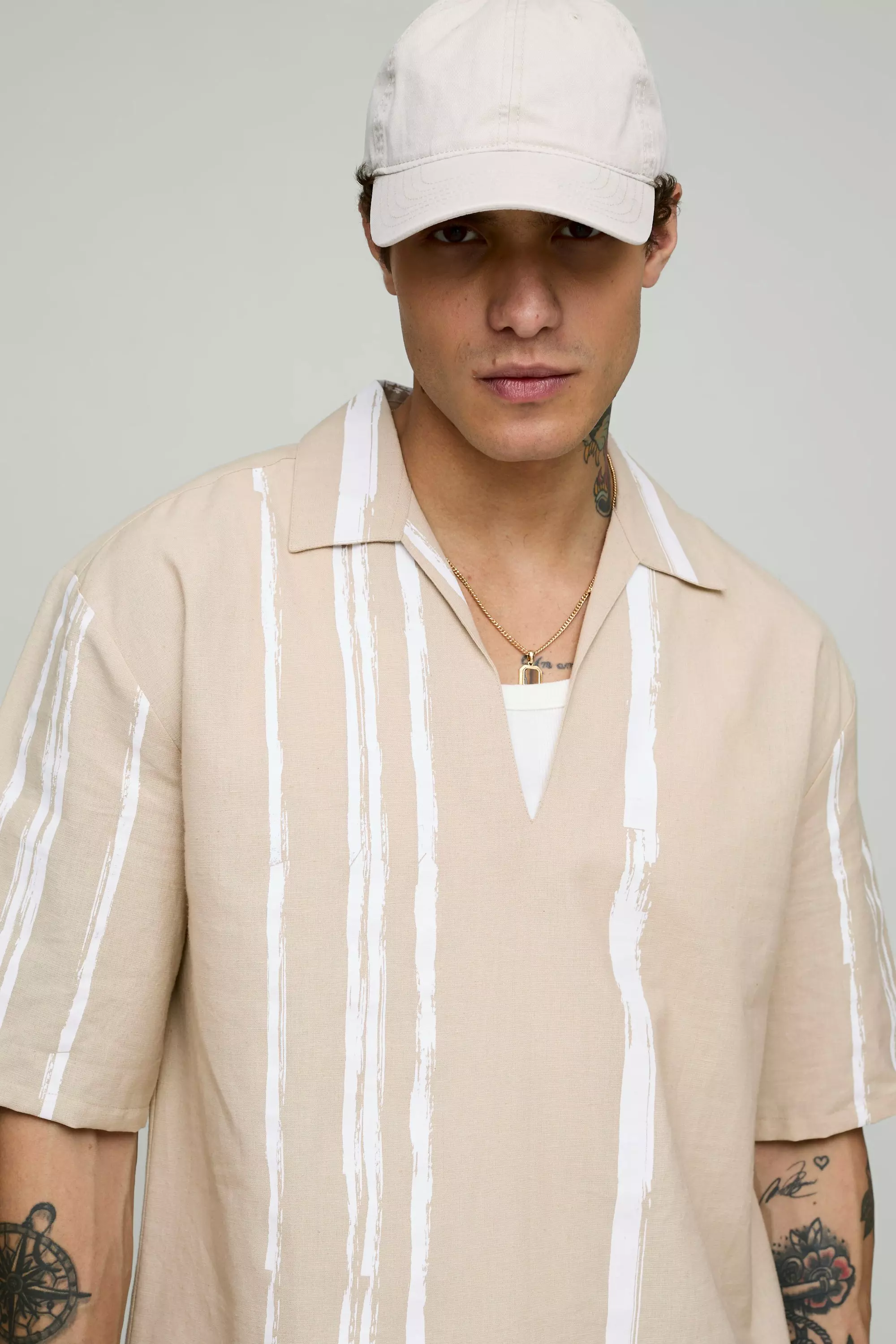 Stone Oversized Linen Stripe Plunge Neck Shirt alternative image