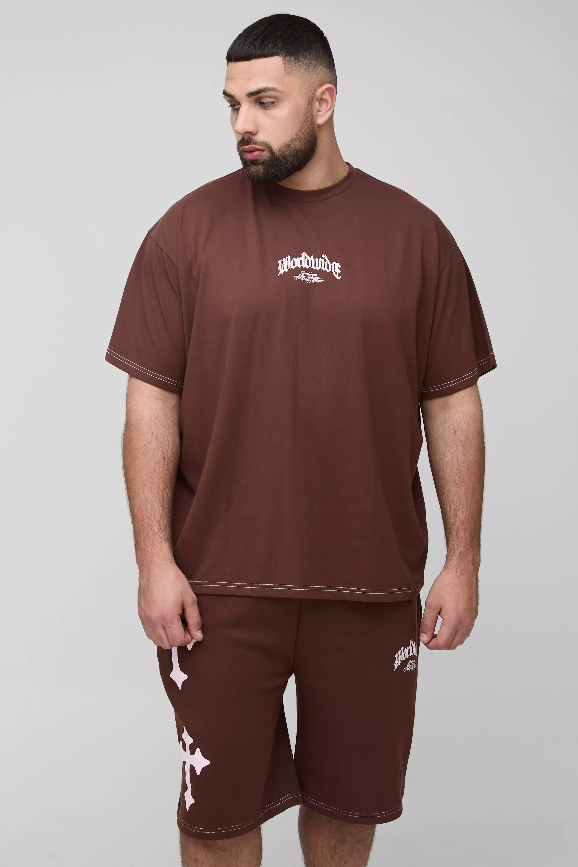 Plus Oversized Worldwide Cross Print T-Shirt & Short Set | boohooMAN USA