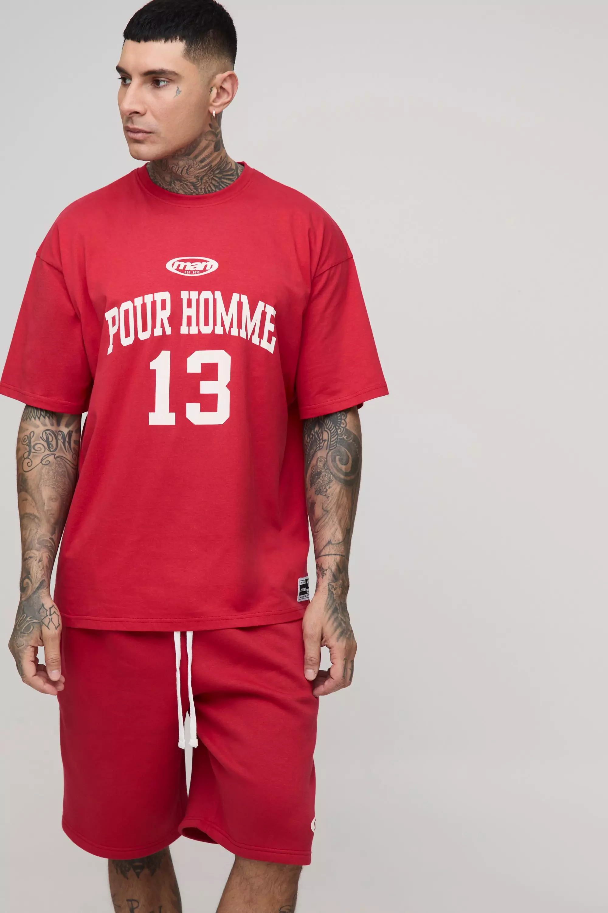 Tall Oversized Pour Homme Print T-Shirt & Short Set Red