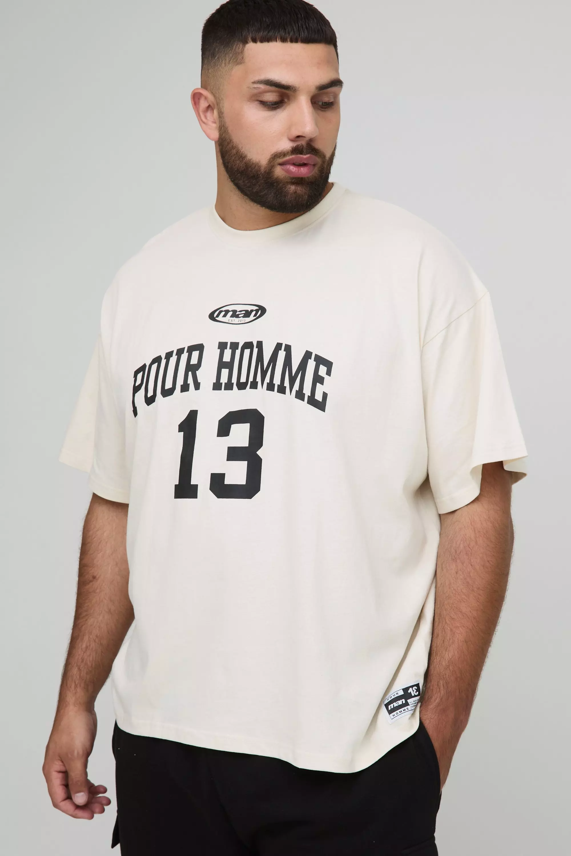 Plus Oversized Pour Homme Print T-Shirt Ecru