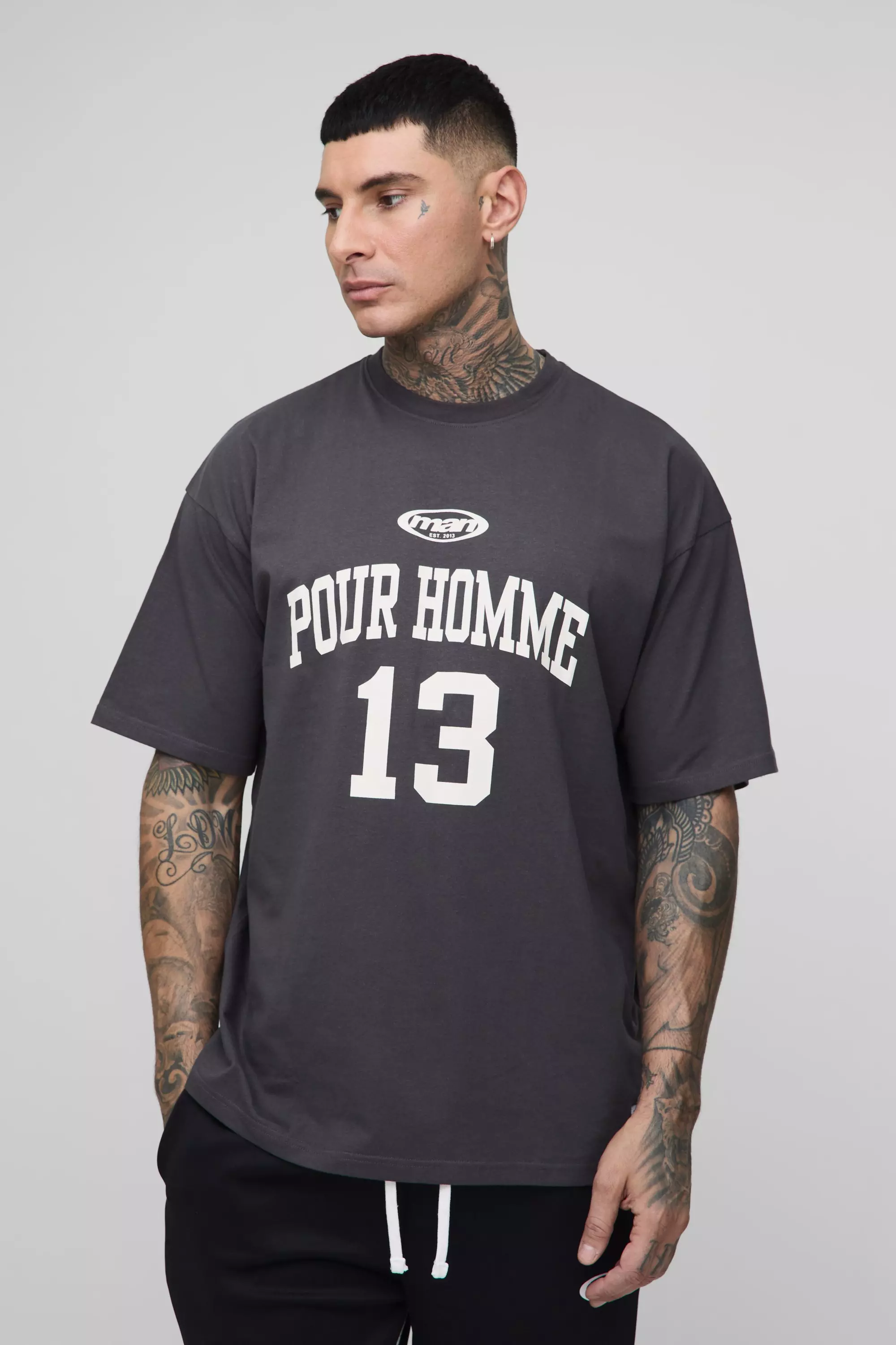Tall Oversized Pour Homme Print T-Shirt Charcoal