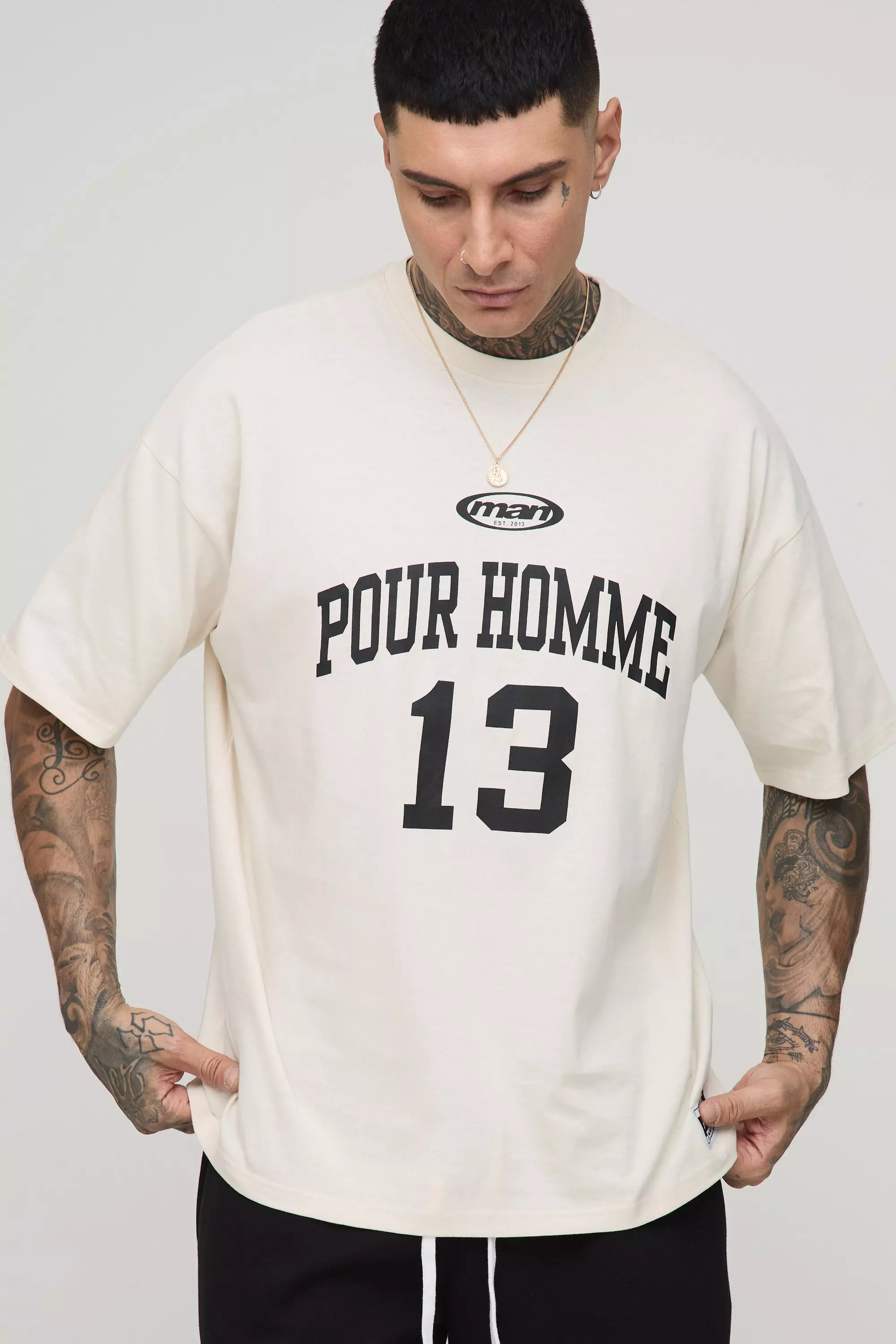 Tall Oversized Pour Homme Print T-Shirt Ecru