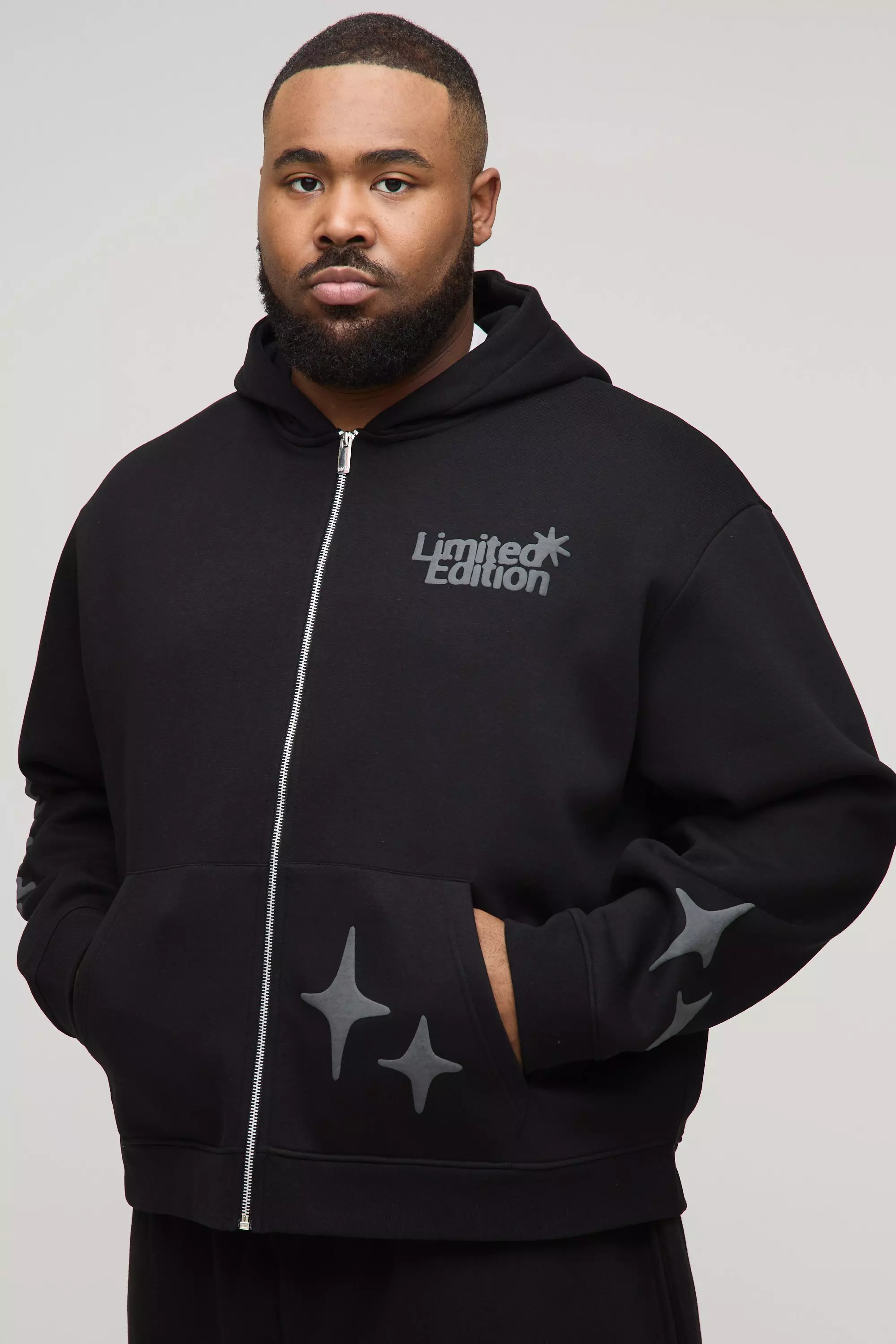 Black Plus Oversized Boxy Worldwide Puff Print Zip Through Hoodie