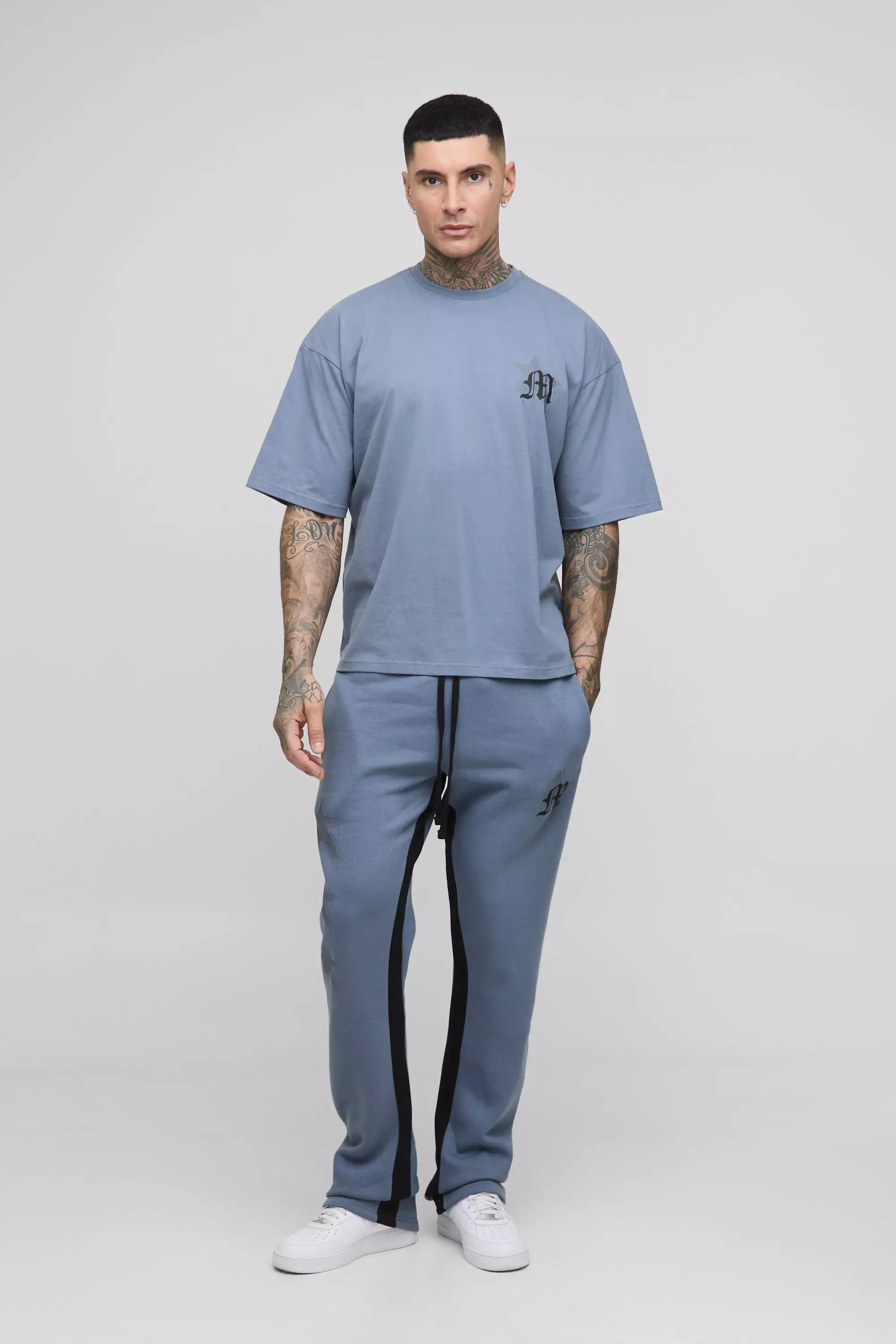 Tall Oversized Boxy Spray Paint Print T-Shirt & Slim Gusset Jogger Tracksuit Charcoal