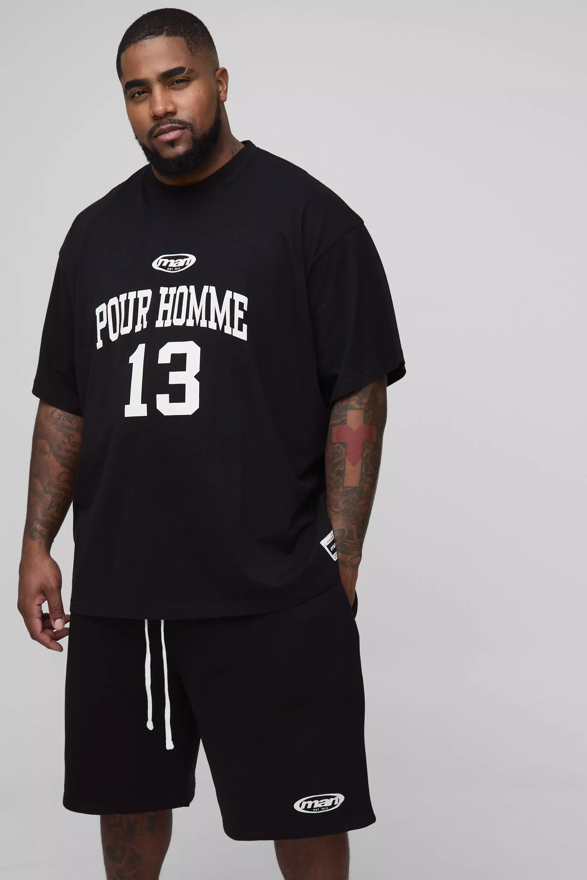 Plus Oversized Pour Homme Print T-Shirt & Short Set Black
