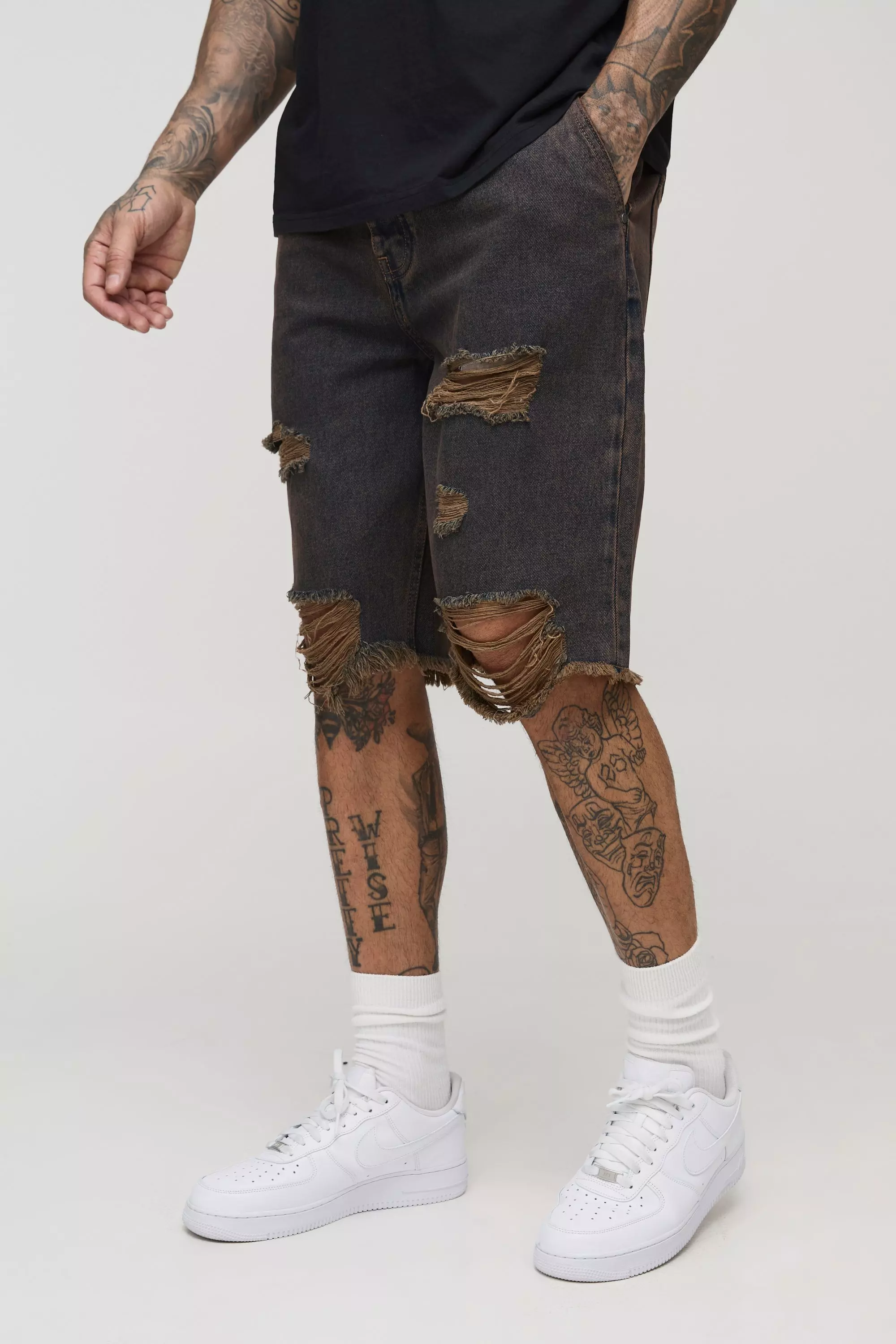Tall Distressed Drawcord Relaxed Fit Jean Shorts | boohooMAN USA