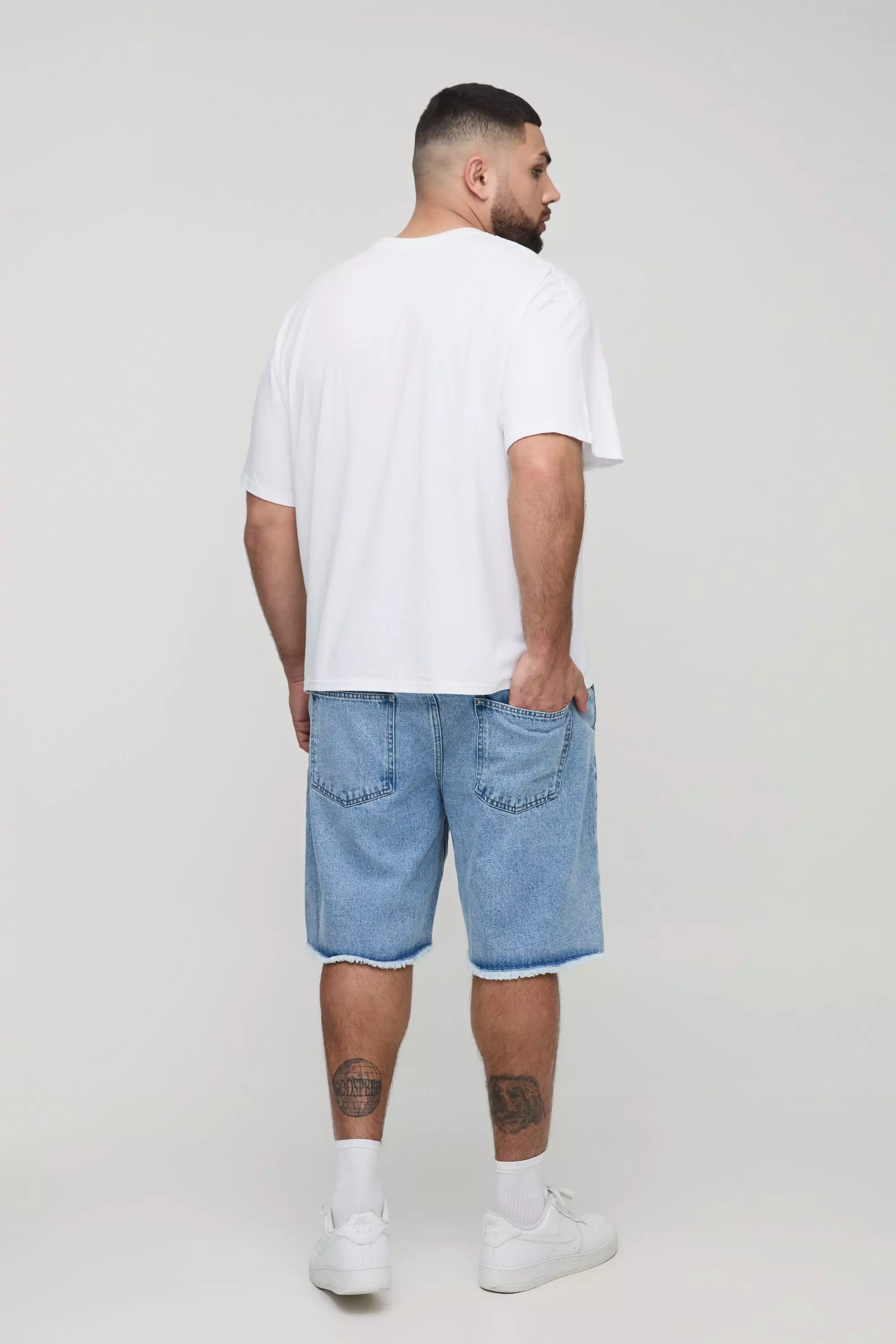 Plus Distressed Drawcord Relaxed Fit Jean Shorts | boohooMAN USA