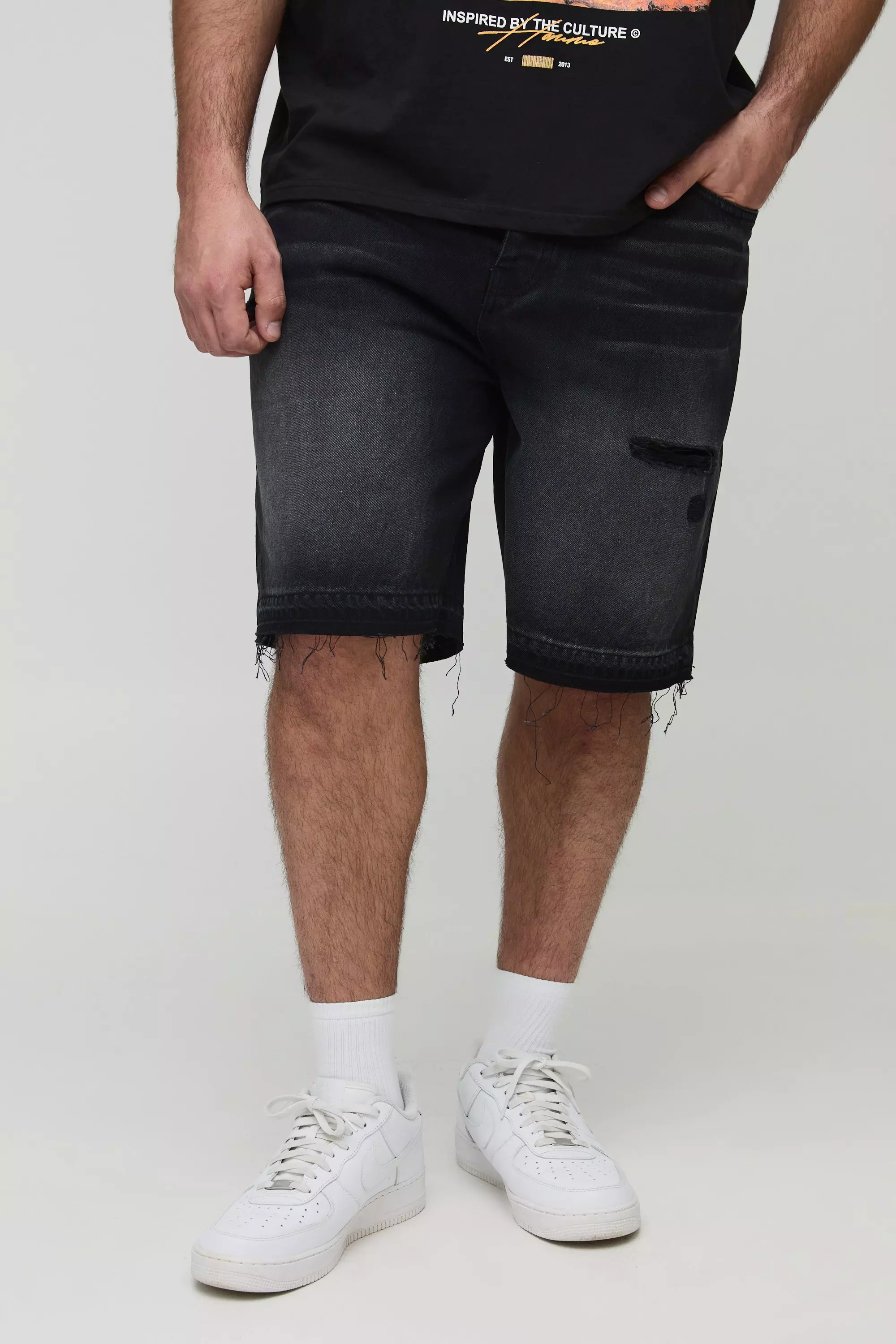 Washed black Plus Versleten Denim Shorts Met Losvallende Zoom alternatieve afbeelding