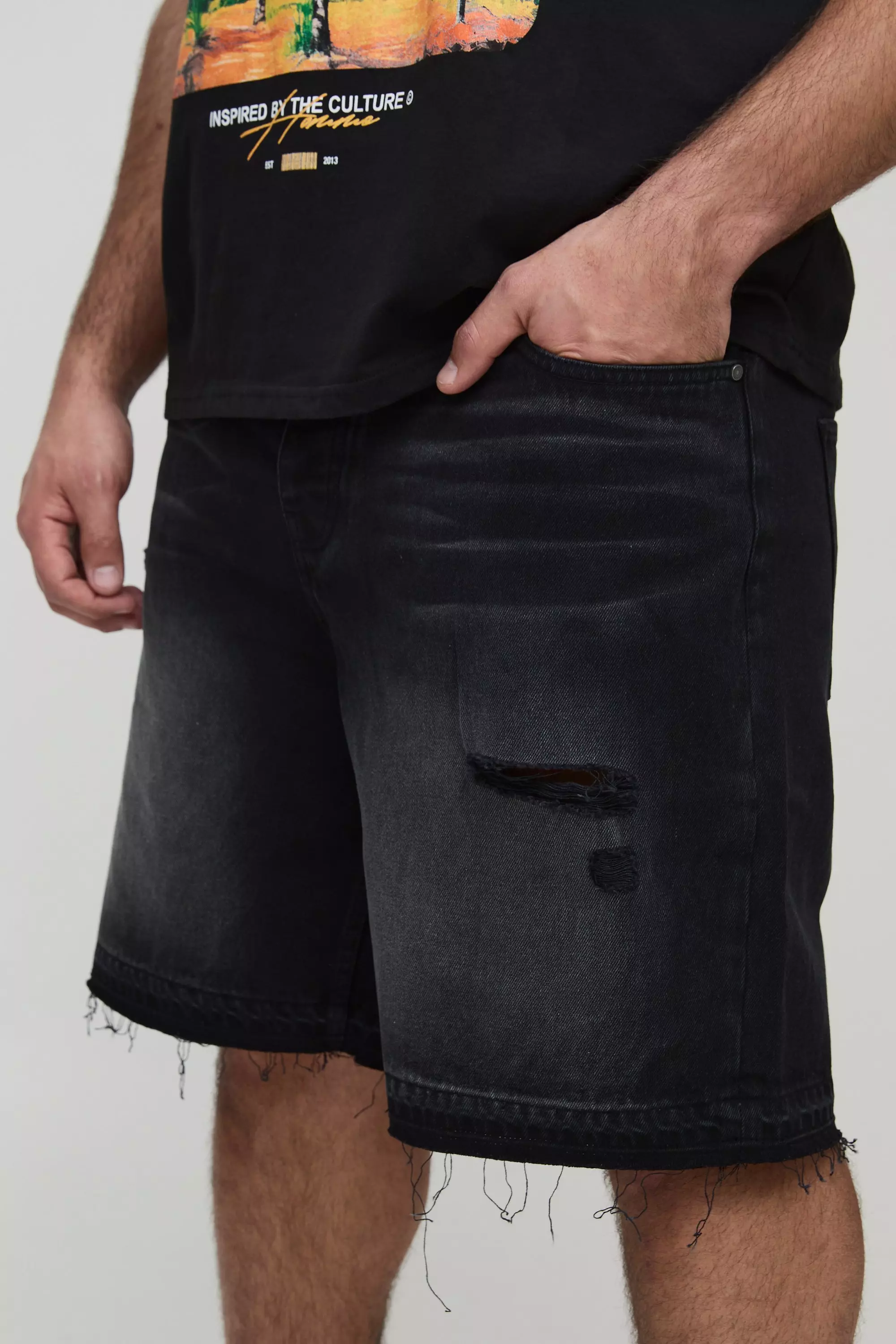 Washed black Plus Versleten Denim Shorts Met Losvallende Zoom alternatieve afbeelding