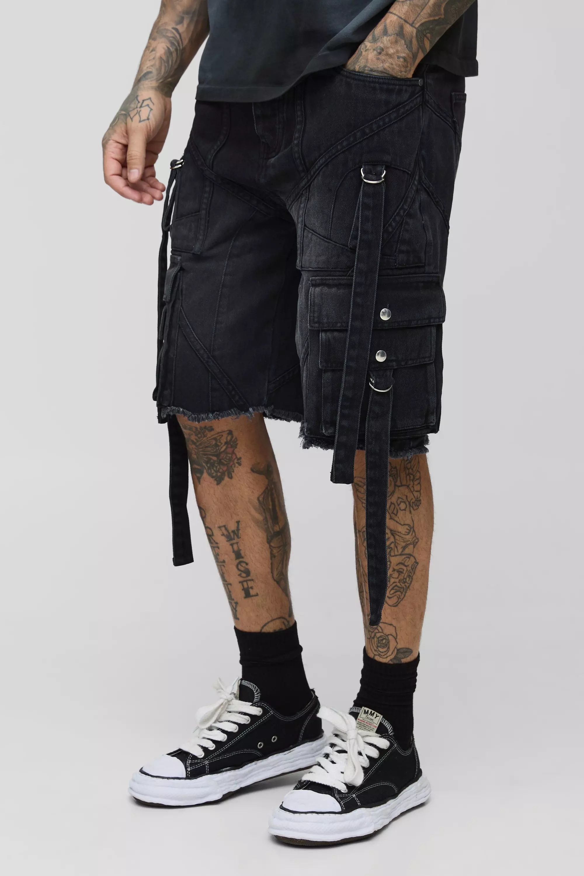 Tall lockere Cargo-Jeansshorts, Washed black alternatives Bild
