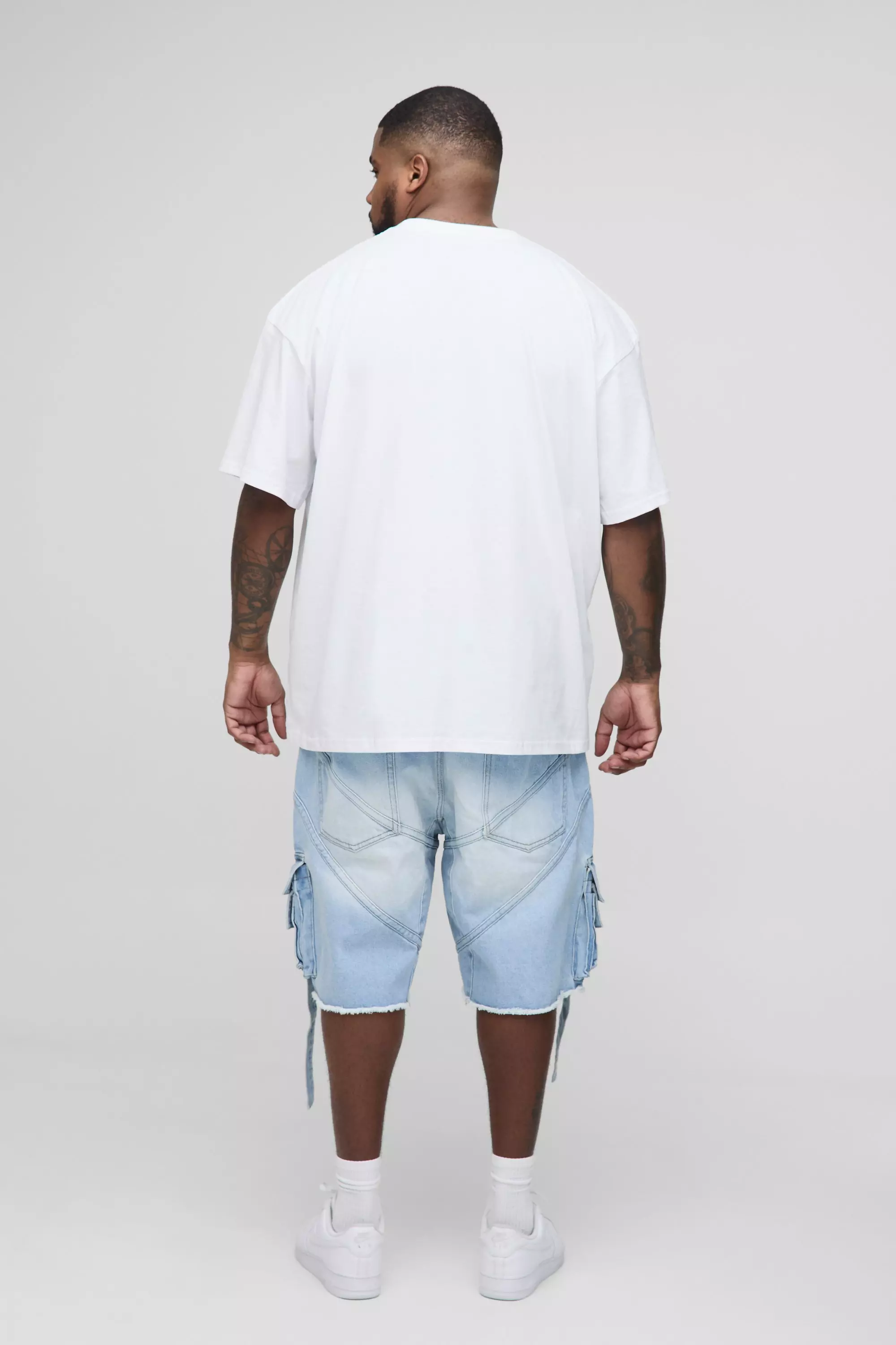 Light wash Plus Strappy Cargo Relaxed Fit Denim Shorts alternative image