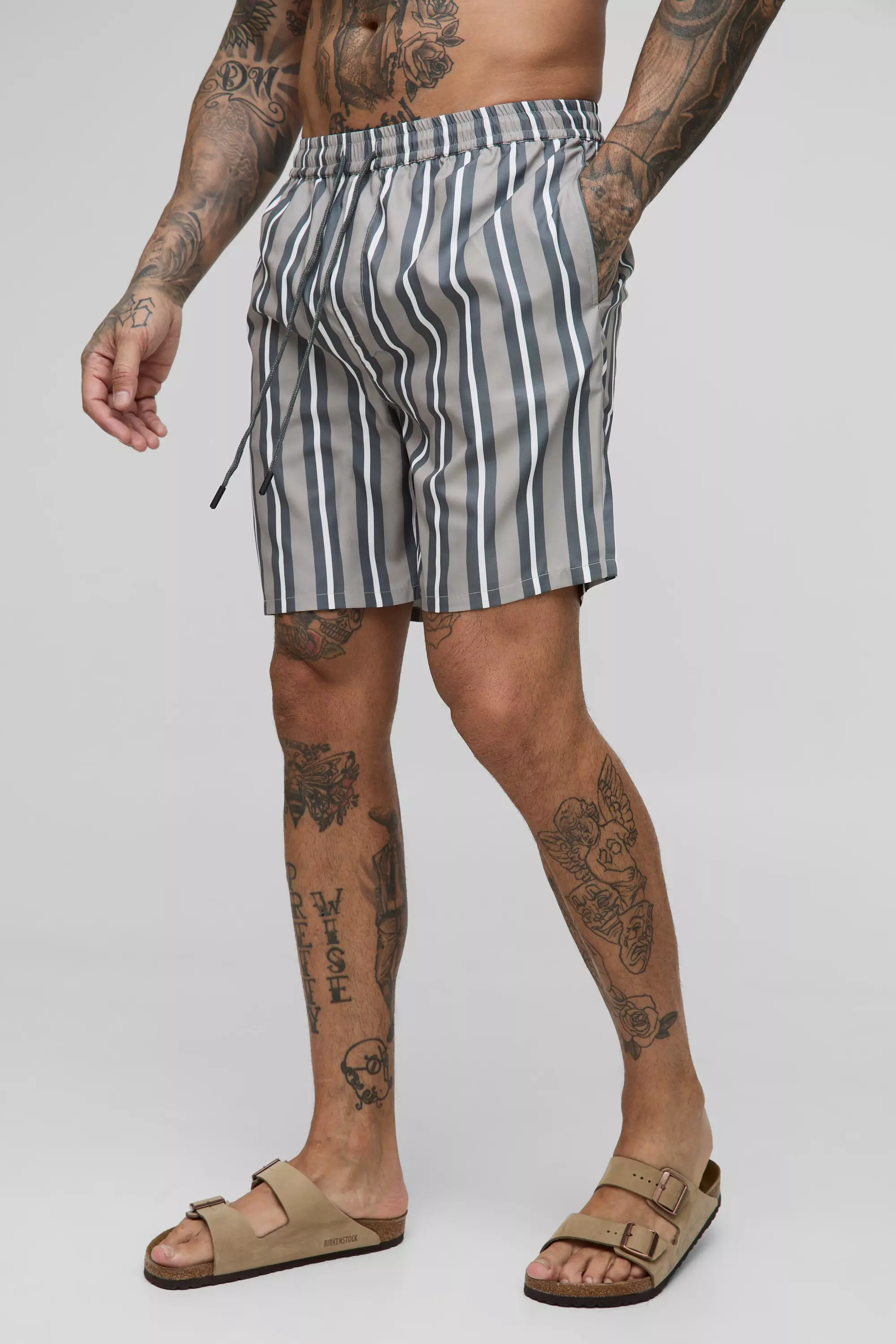 Tall Mid Length Stripe Swim Trunks Charcoal