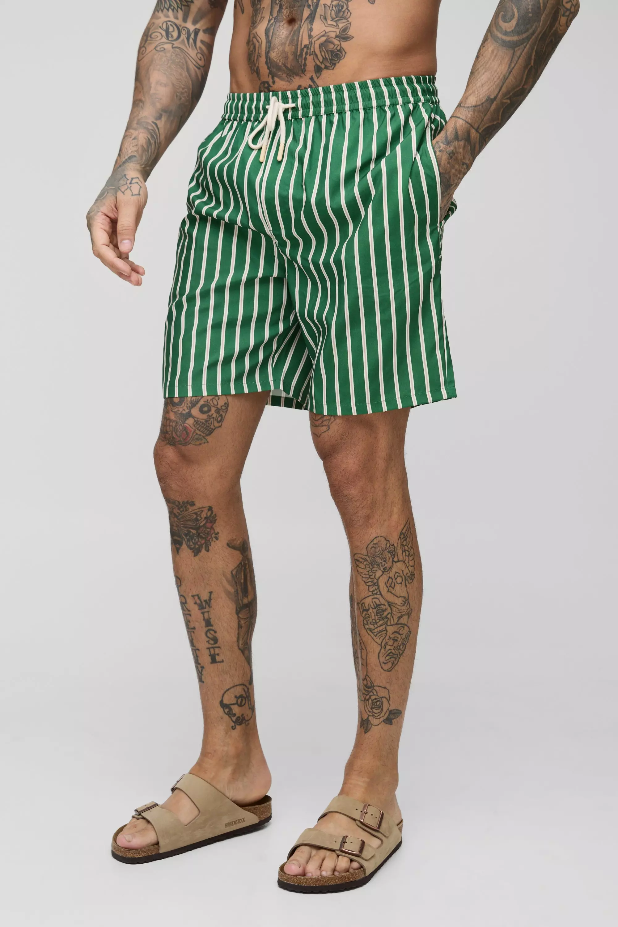 Tall Mid Length Stripe Swim Trunks Forest