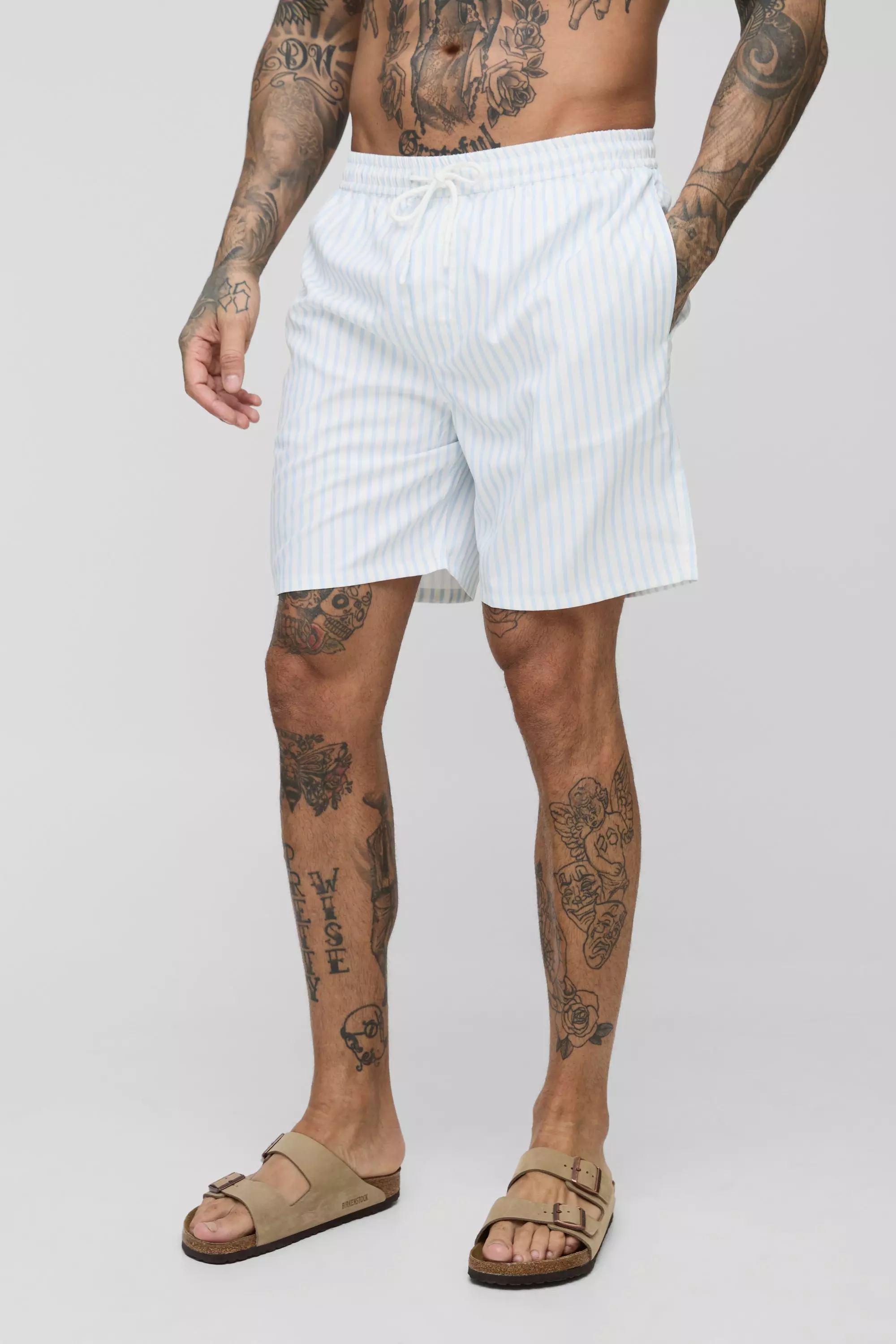 Tall Mid Length Stripe Swim Trunks Light blue