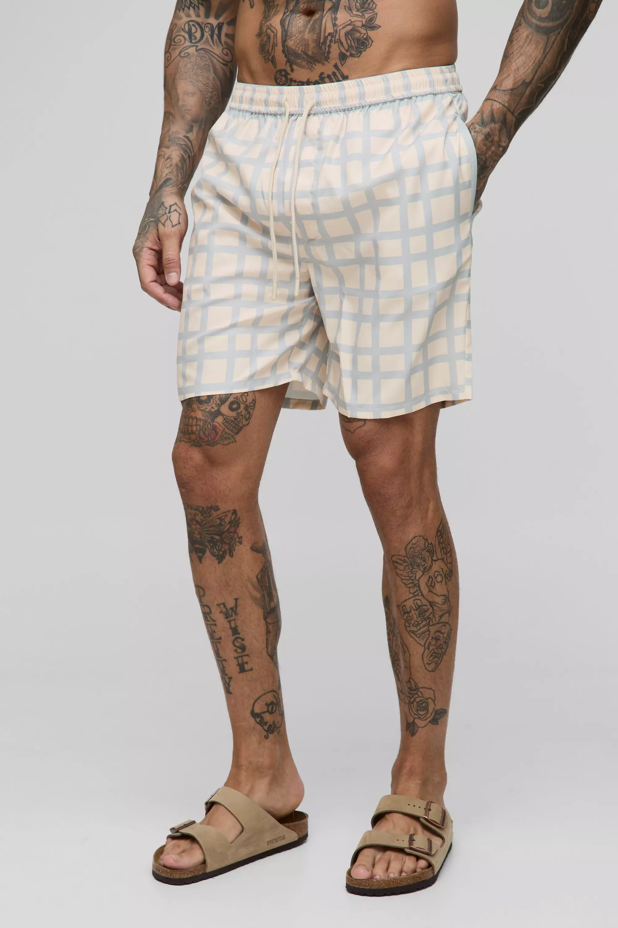 Tall Mid Length Check Swim Shorts Ecru