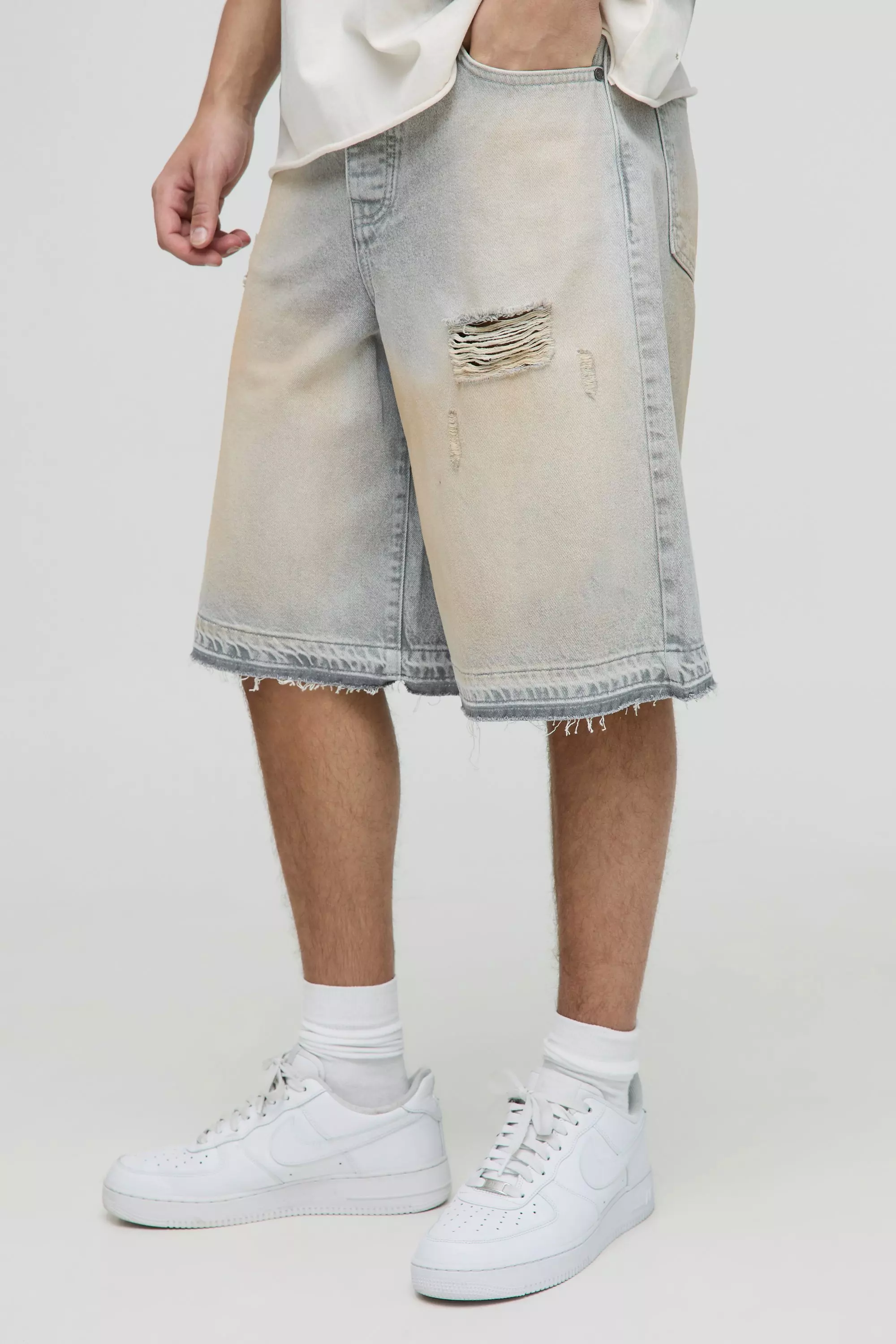 Ripped Denim Jorts In Washed Ice Grey | boohooMAN USA