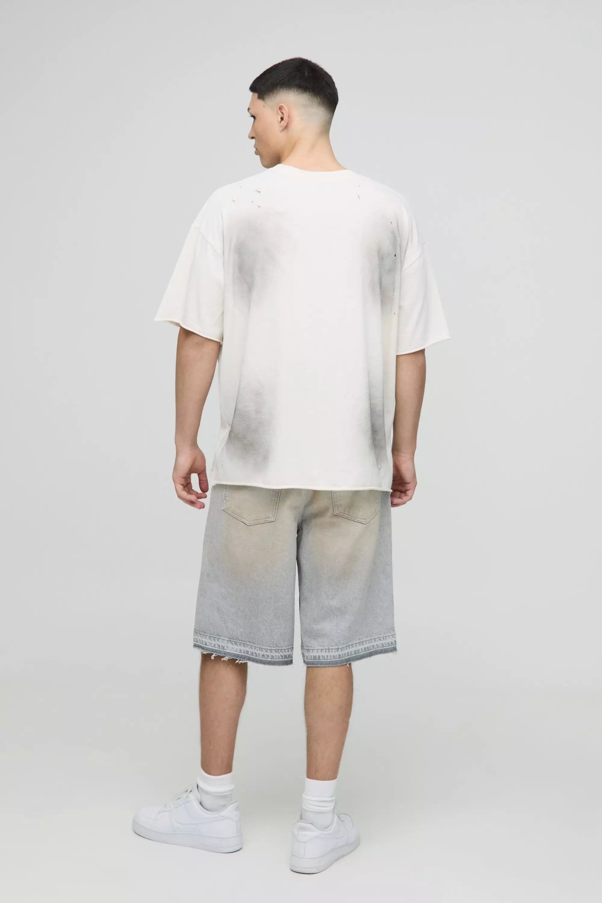 Ripped Denim Jorts In Washed Ice Grey | boohooMAN USA