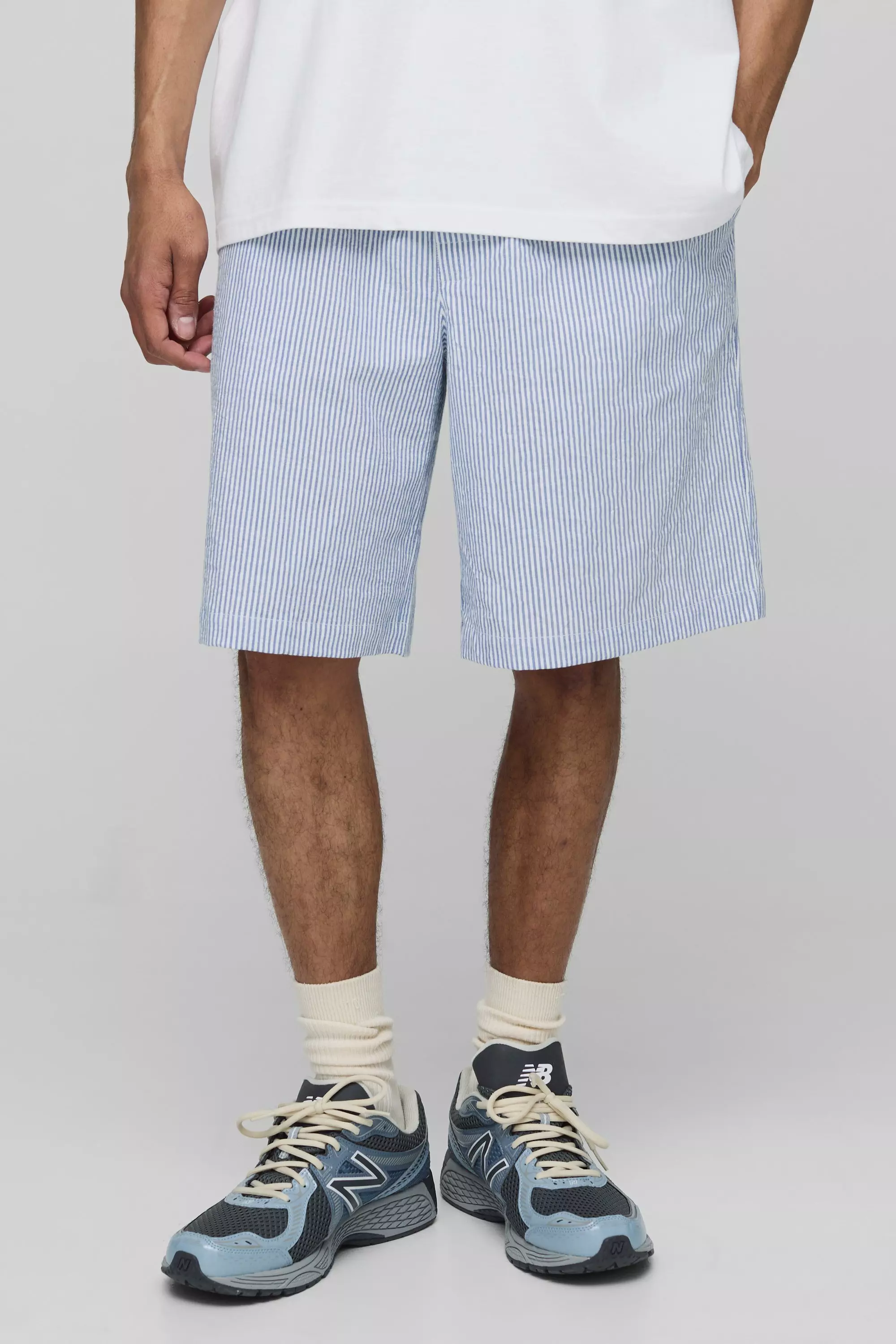 Light blue Elasticated Baggy Striped Seersucker Shorts alternative image