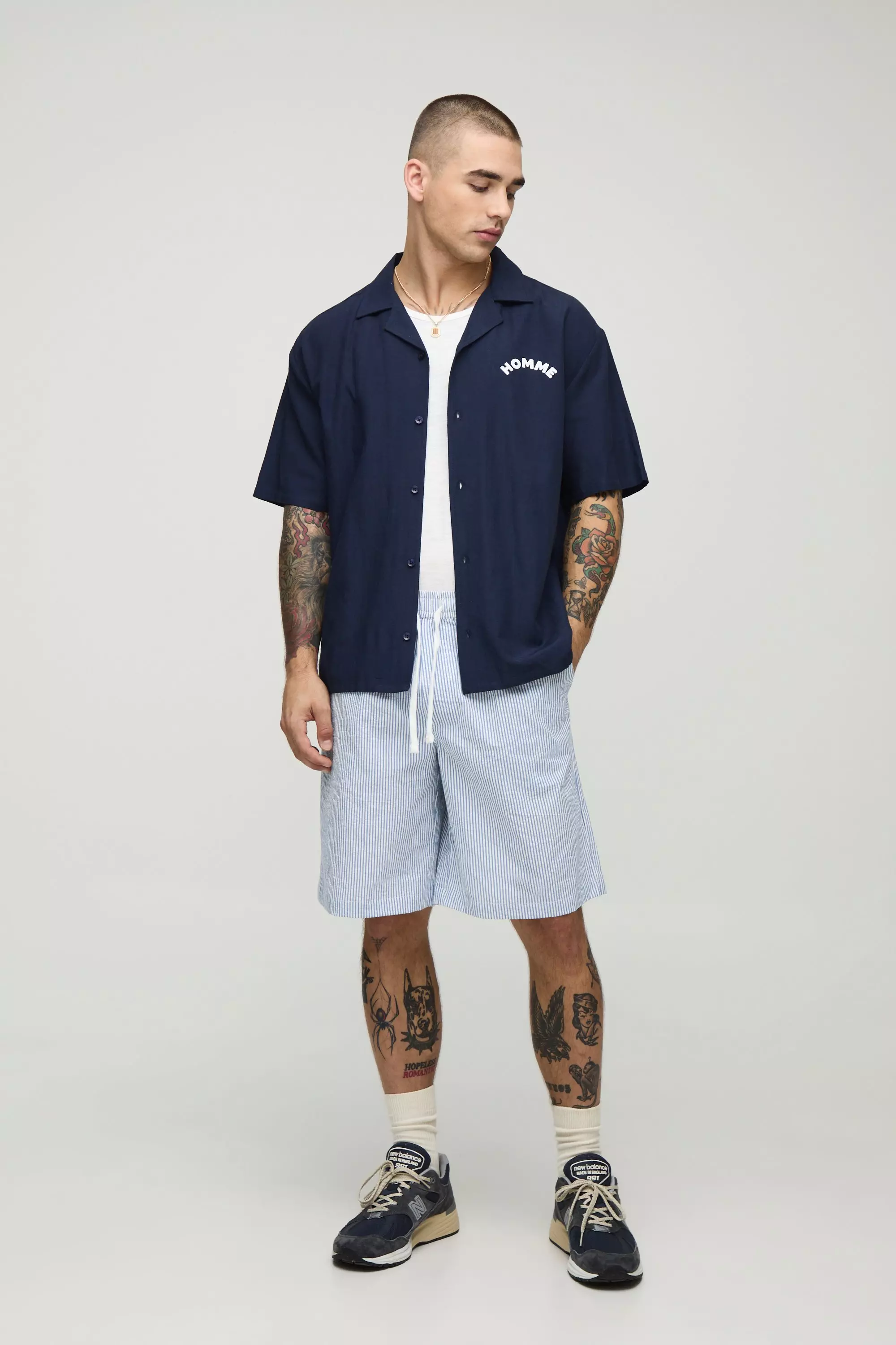 Light blue Elasticated Baggy Striped Seersucker Shorts alternative image