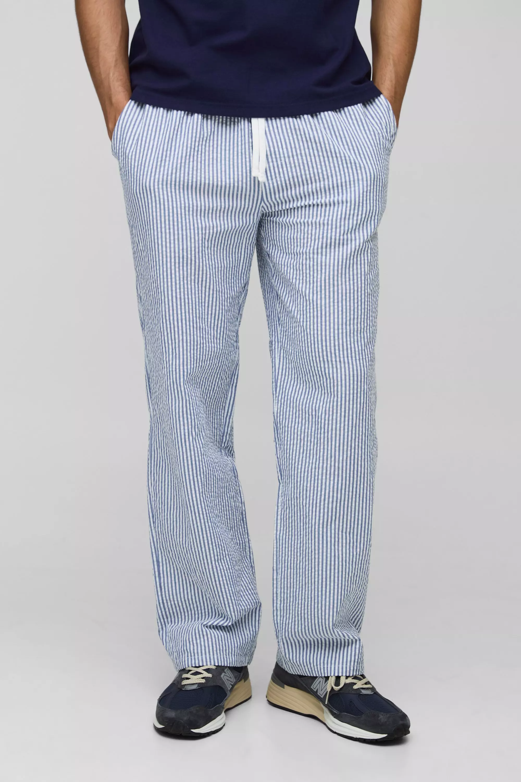 Elasticated Relaxed Fit Striped Seersucker Pants | boohooMAN USA