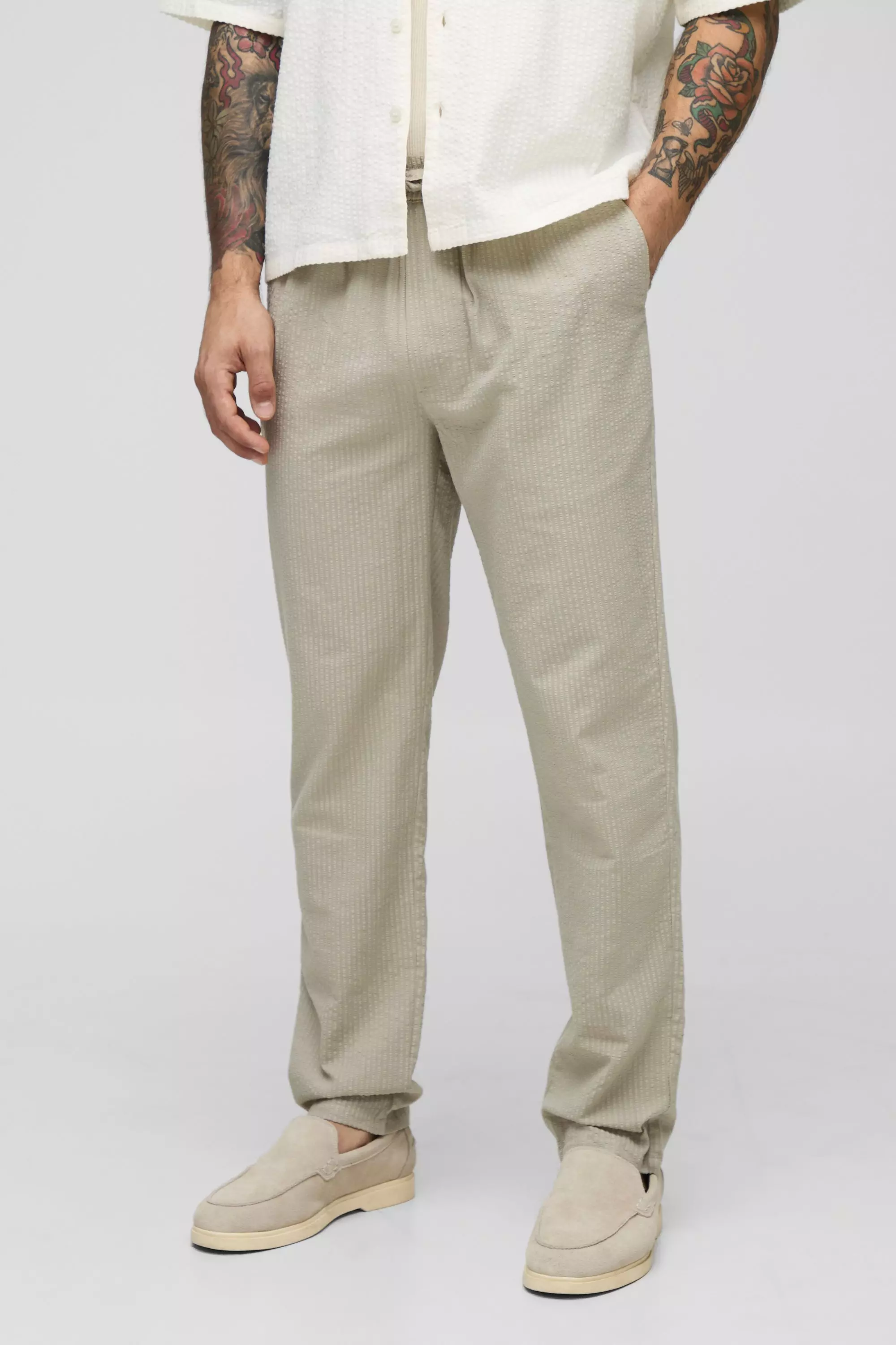 Pantalon slim élastiqué en tissu crêpe, Light grey autre image