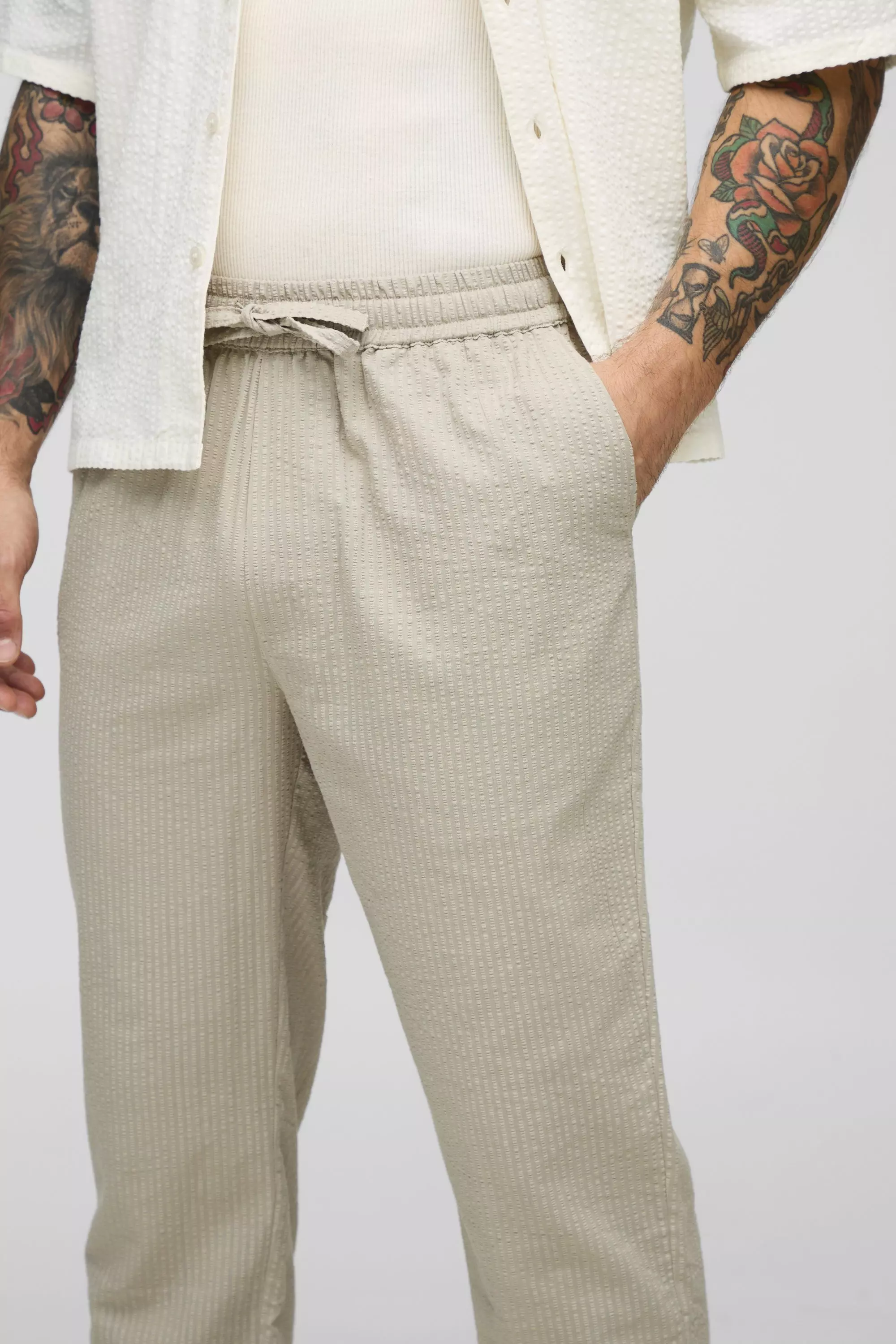 Pantalon slim élastiqué en tissu crêpe, Light grey autre image