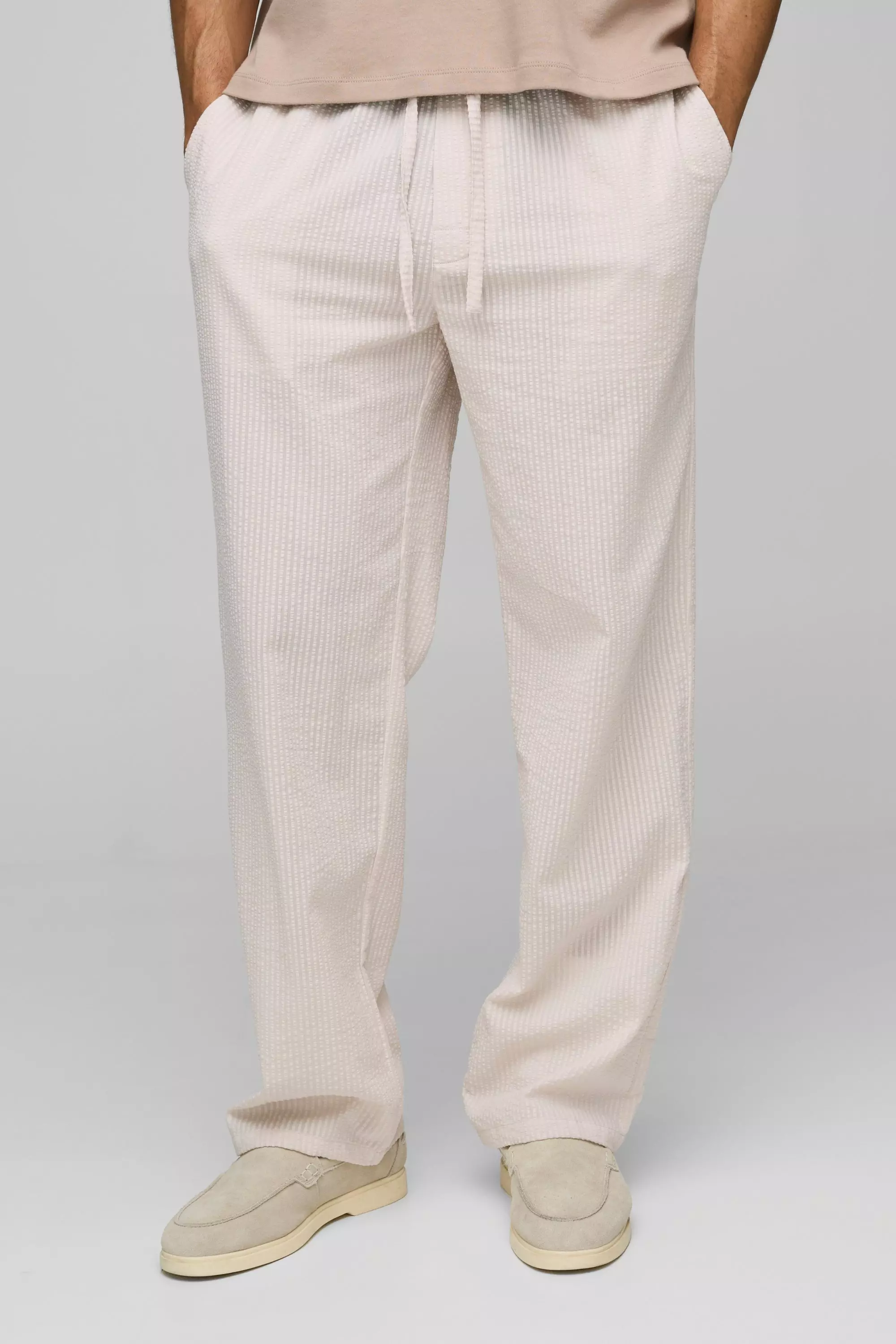 Pale pink Elasticated Relaxed Fit Plain Seersucker Trousers alternative image