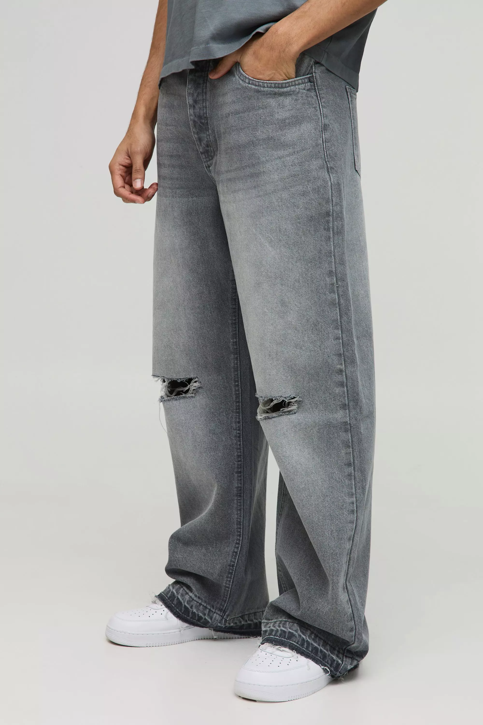 Grey Wide Leg Ripped Knee Jeans With Let Down Hem