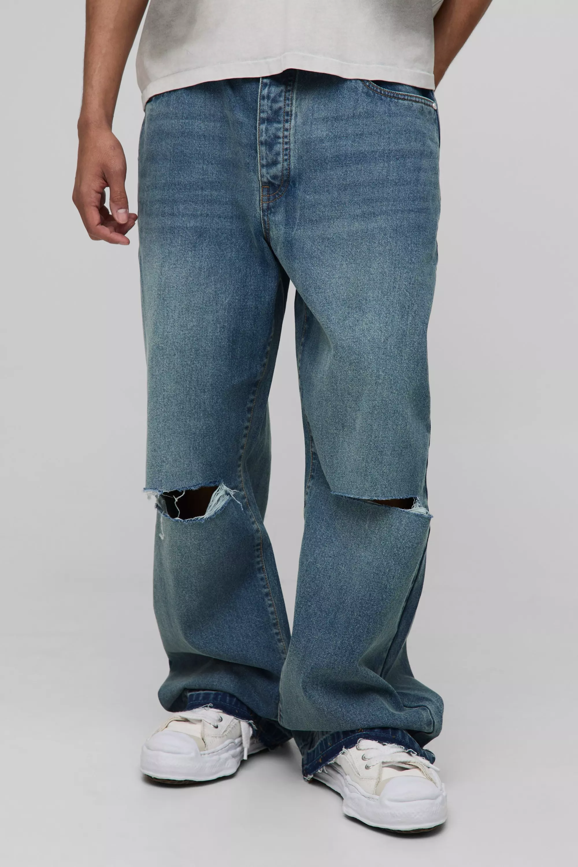 Wide Leg Ripped Knee Jeans With Let Down Hem Vintage blue