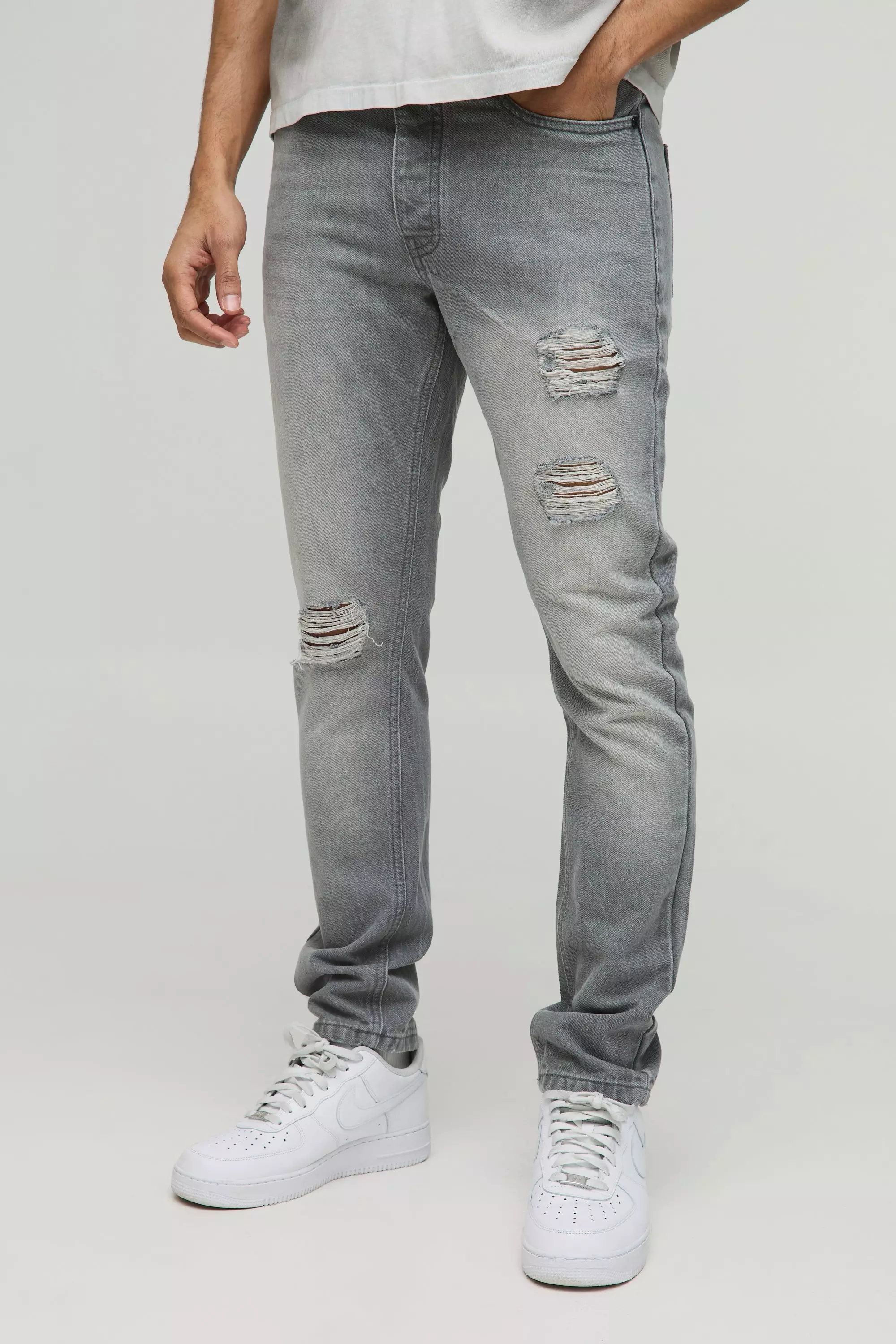 Grey Slim Rigid Subtle Ripped Ice Grey Washed Jeans
