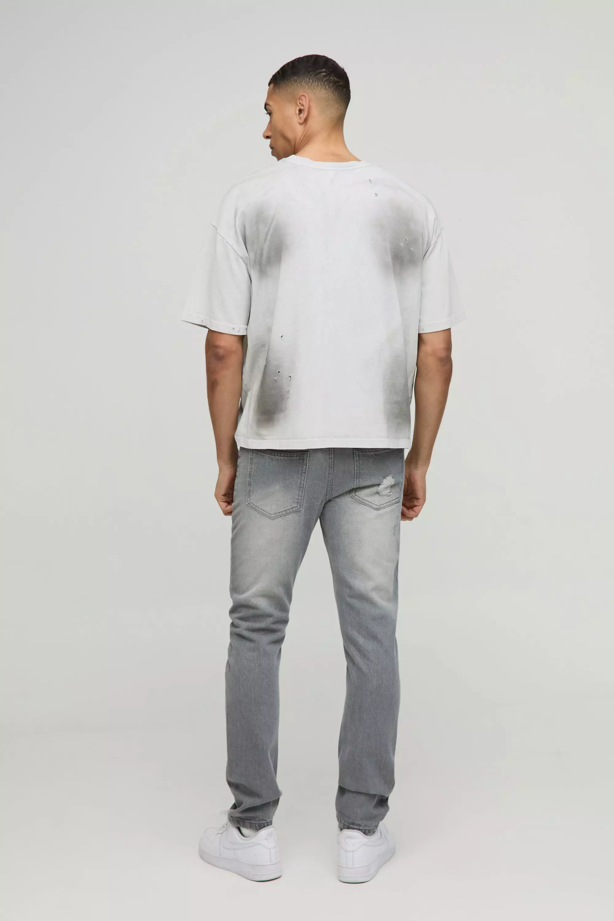 Slim Rigid Subtle Ripped Ice Grey Washed Jeans | boohooMAN USA