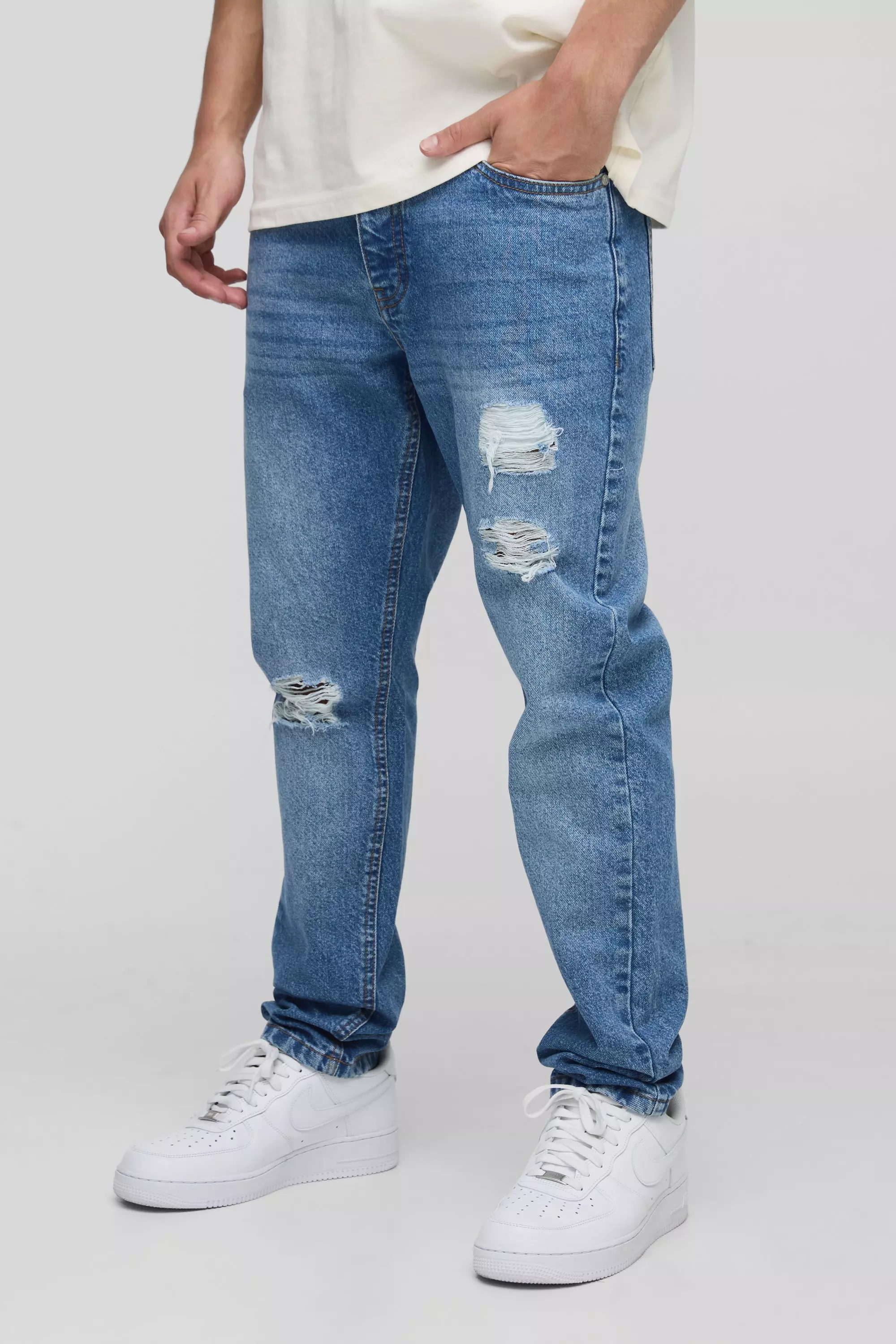 Brown Slim Rigid Subtle Ripped Light Blue Washed Jeans