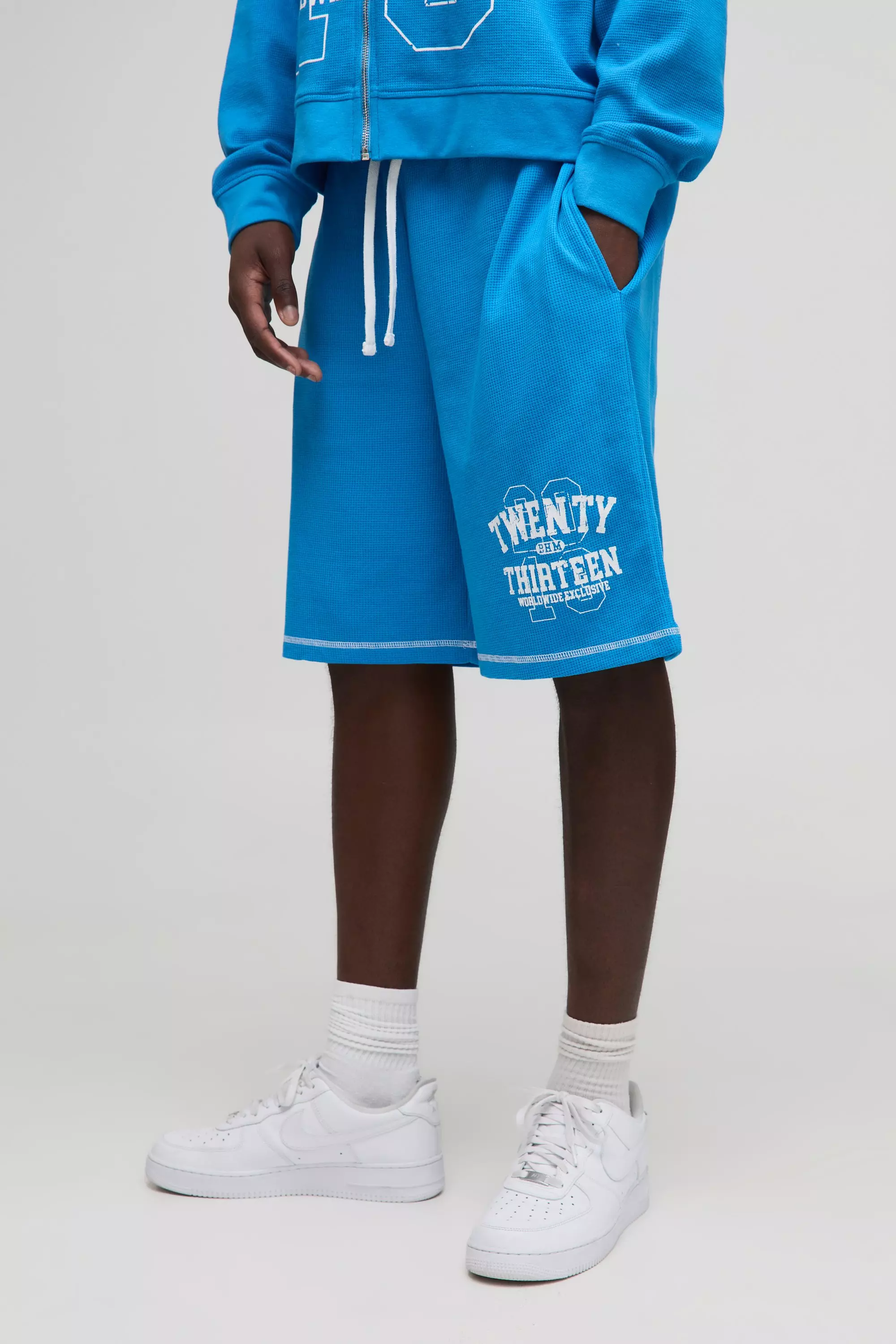 Oversized Waffle Varsity Printed Short Cobalt