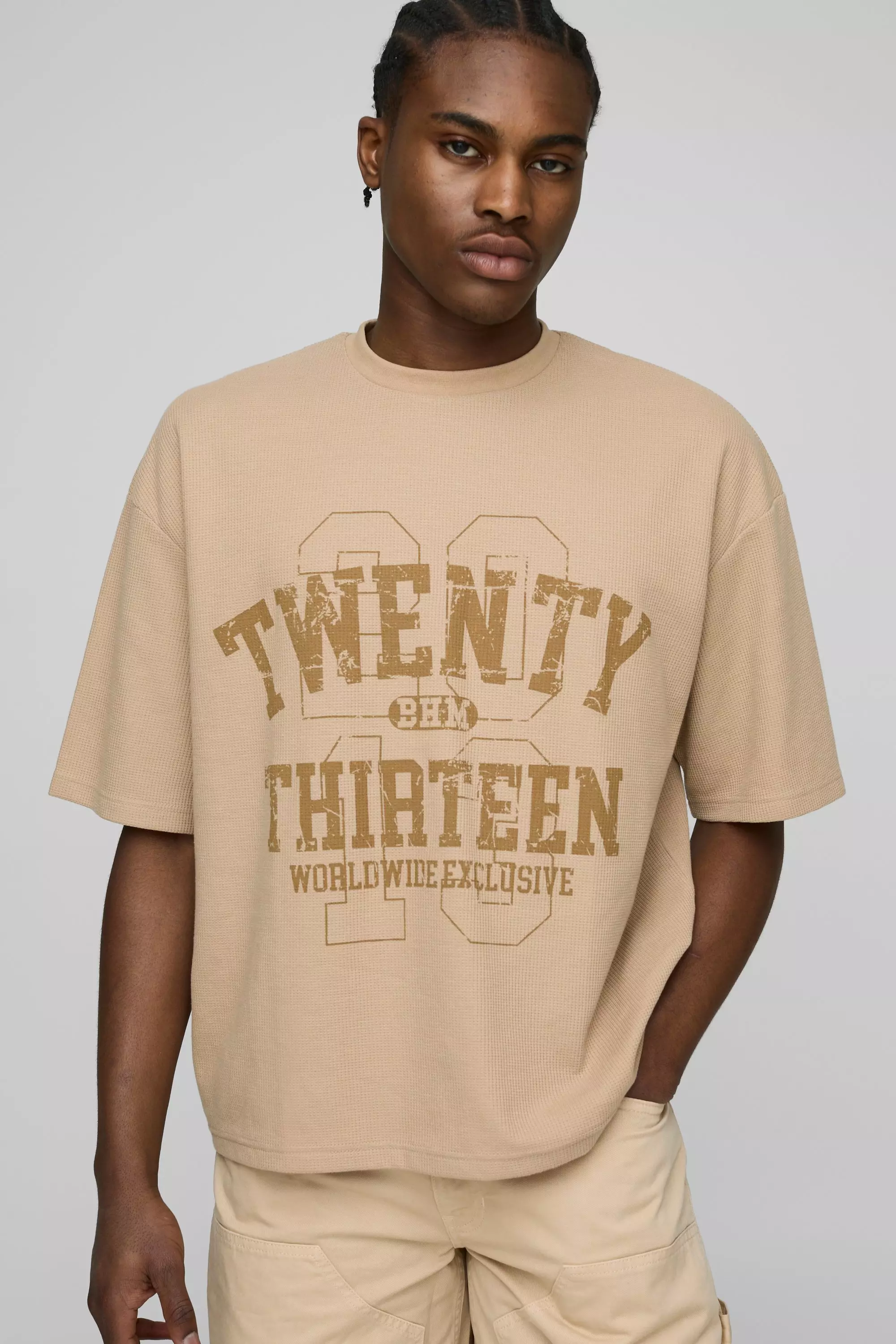 Oversized Boxy Waffle Varsity Printed T-Shirt Taupe