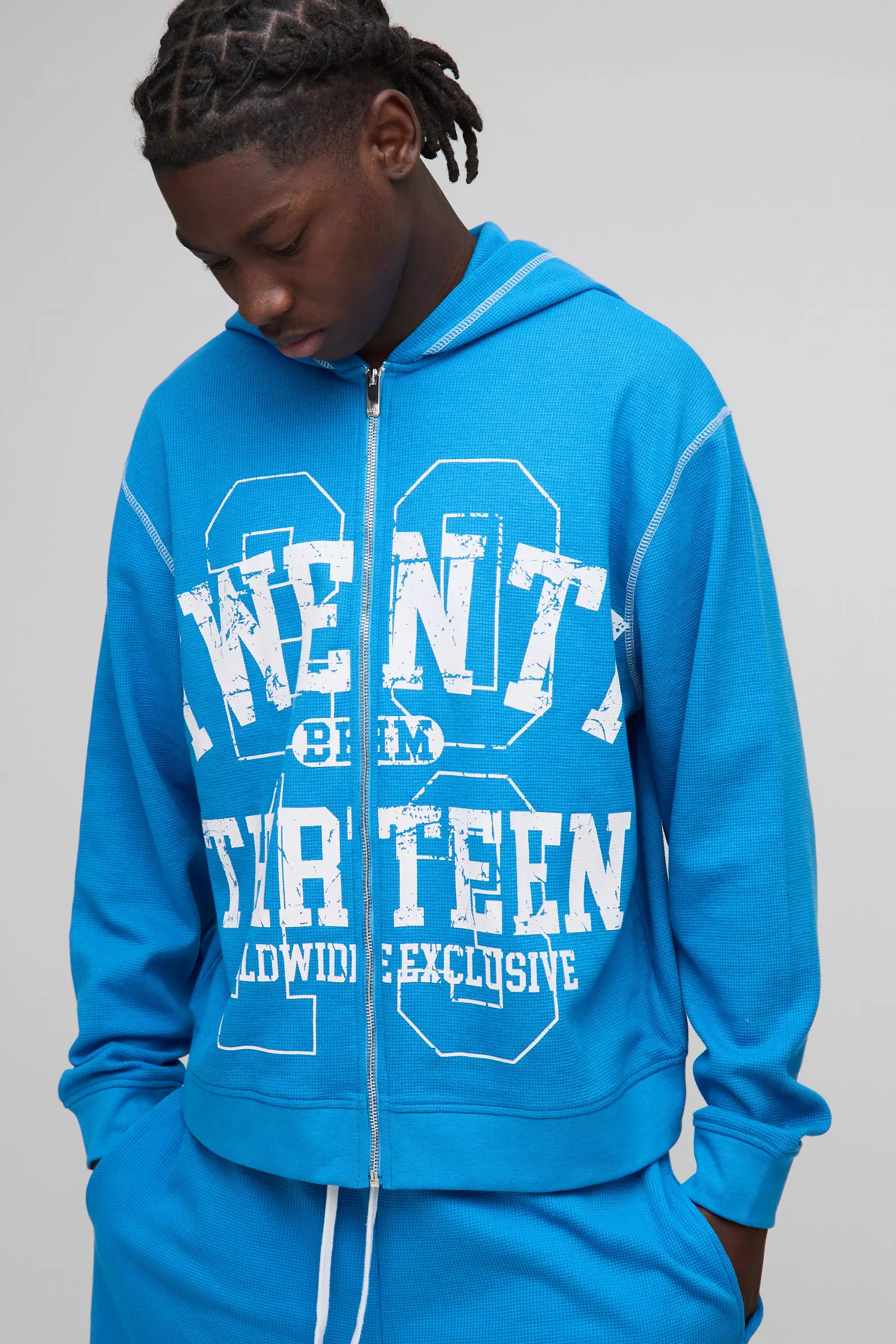 Oversized Boxy Waffle Varsity Zip Through Hoodie | boohooMAN USA