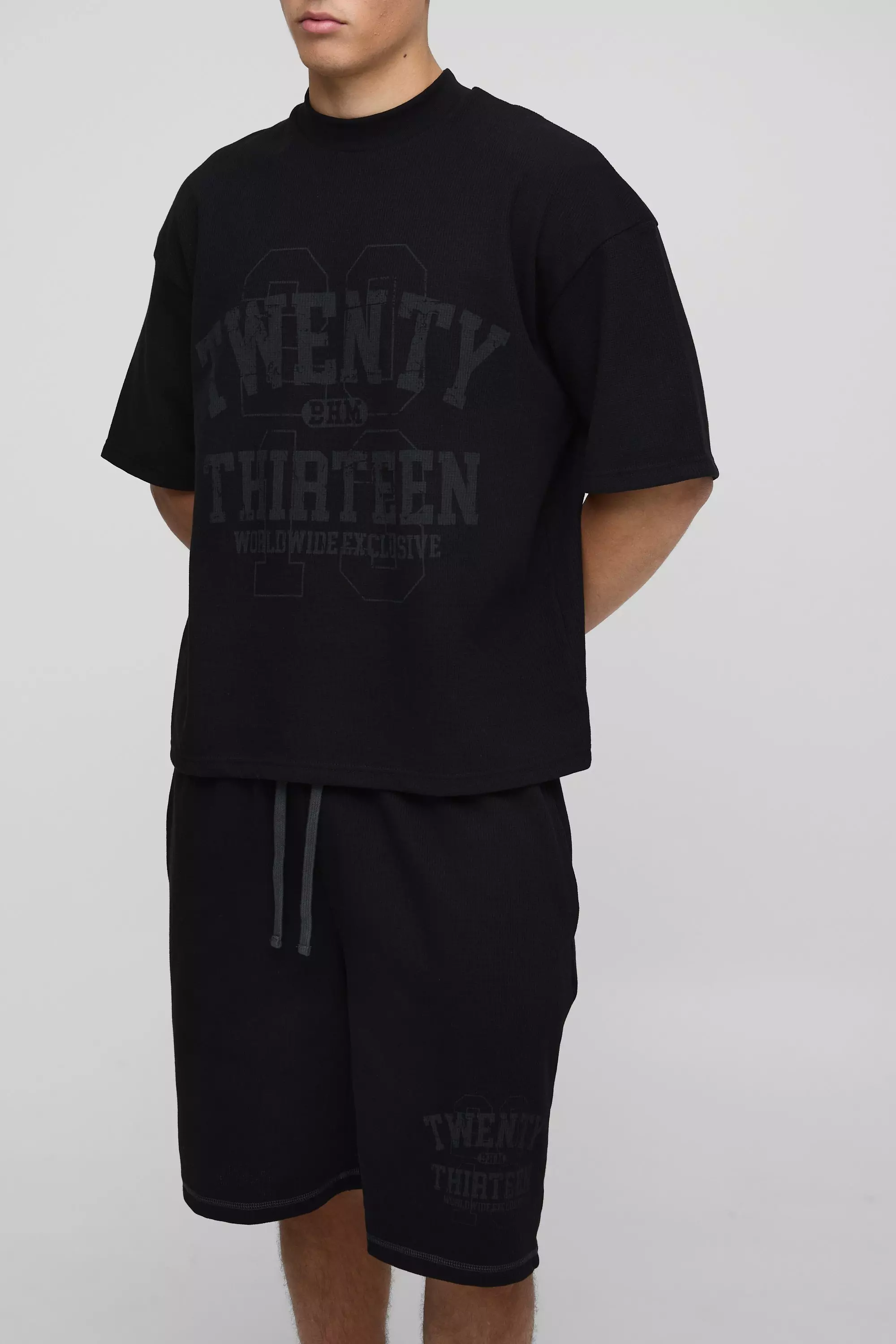 Oversized Waffle Varsity Printed T-Shirt And Short Set Black