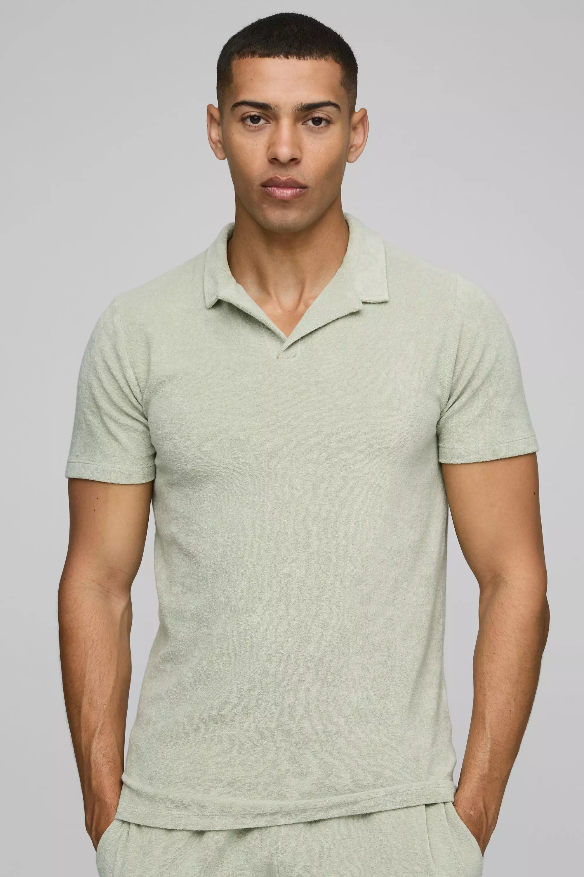 Sage Green Slim Fit Revere Towelling Polo