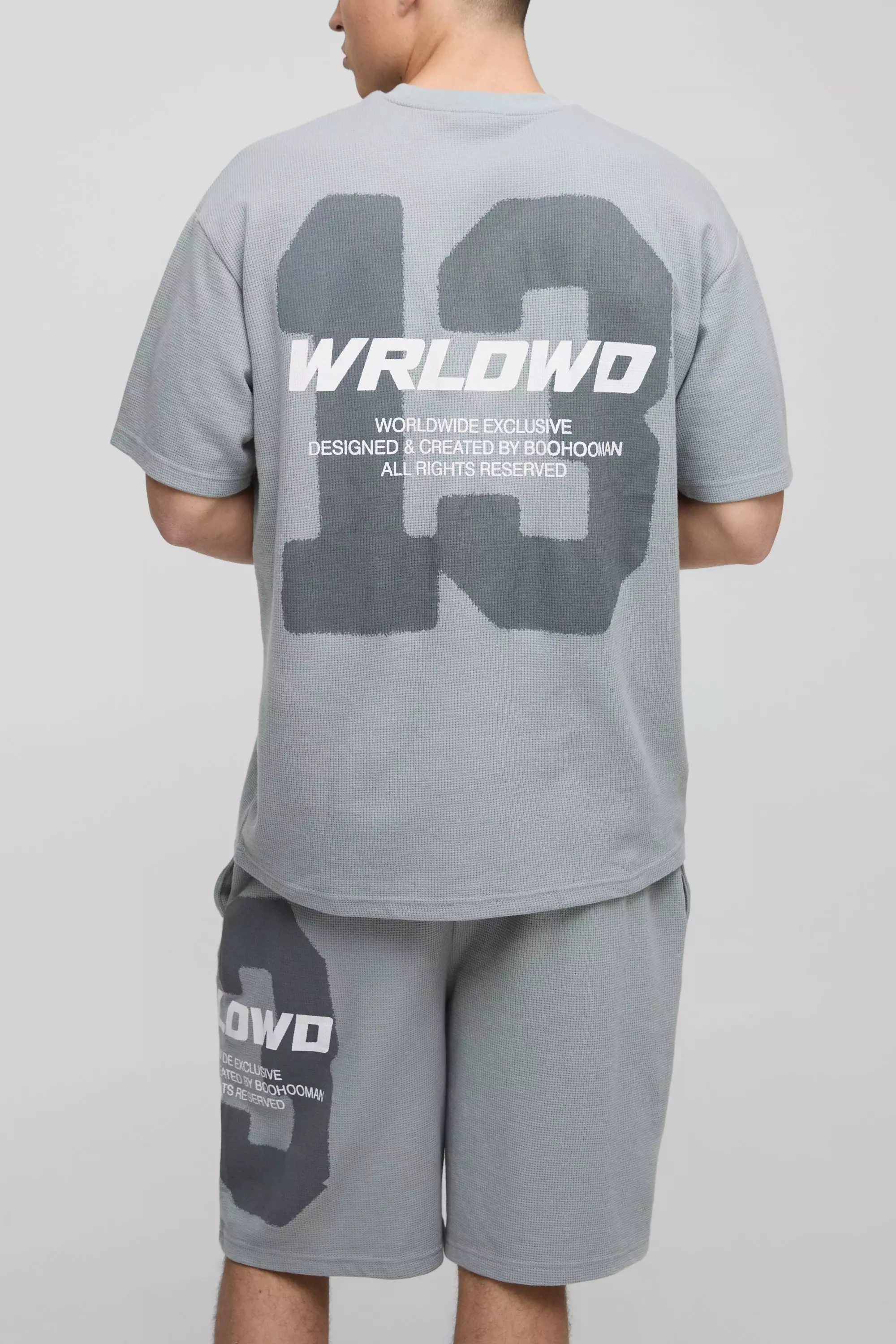 Oversized Waffle 13 Graphic T Shirt And Short Set Grey