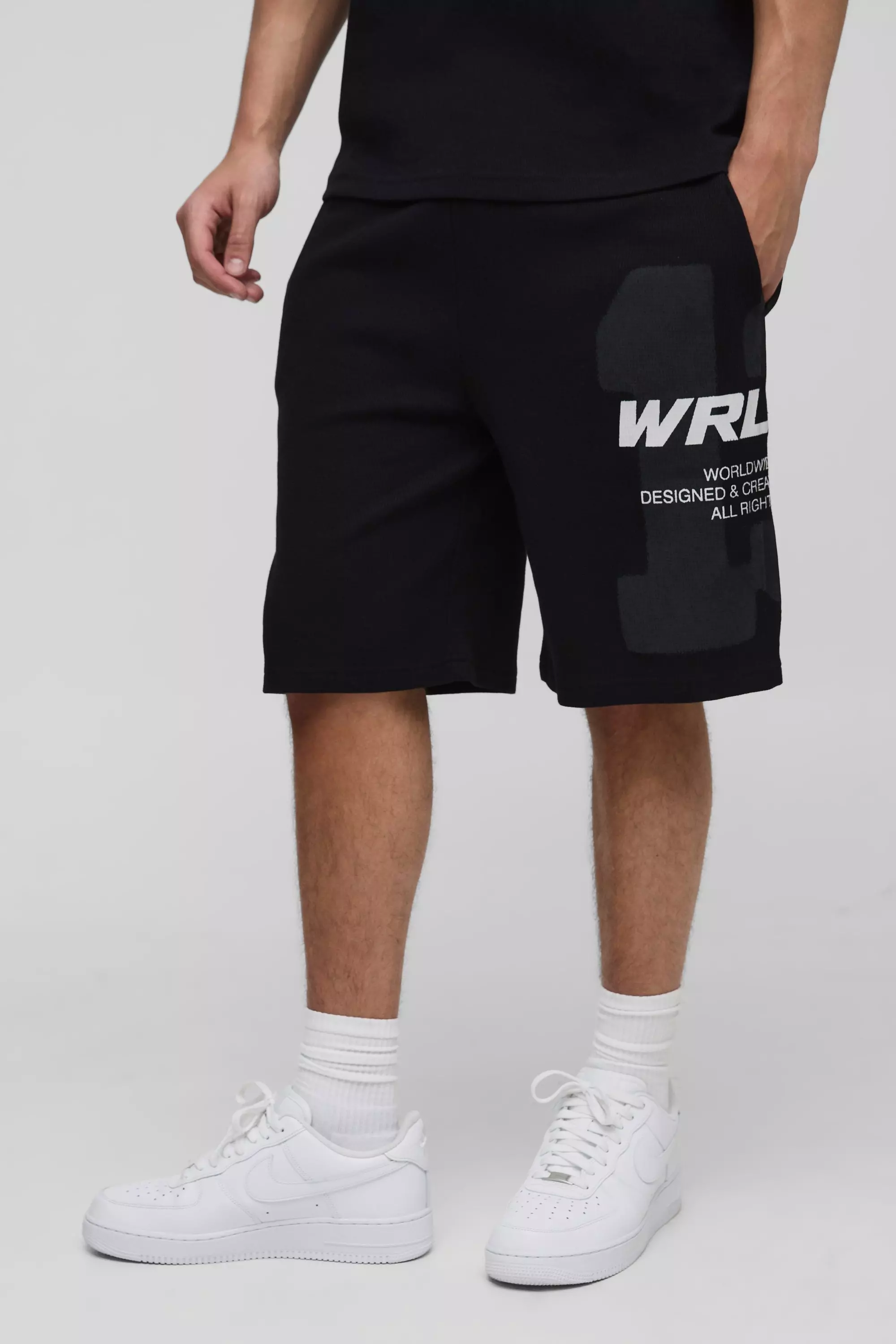 Oversized Waffle 13 Varsity Printed Short Black