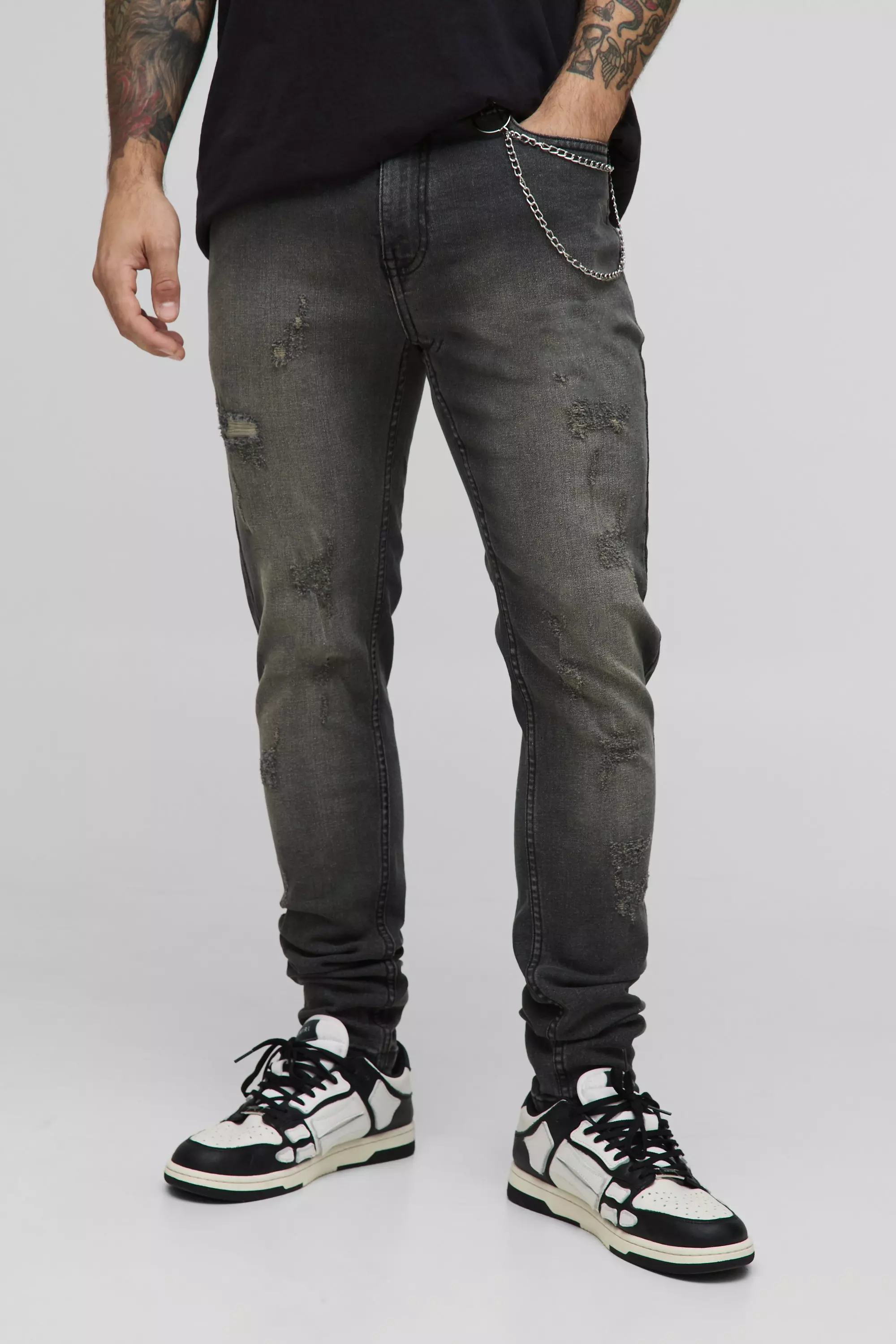 Skinny Stretch Distressed Washed Grey Jeans With Chain | boohooMAN USA