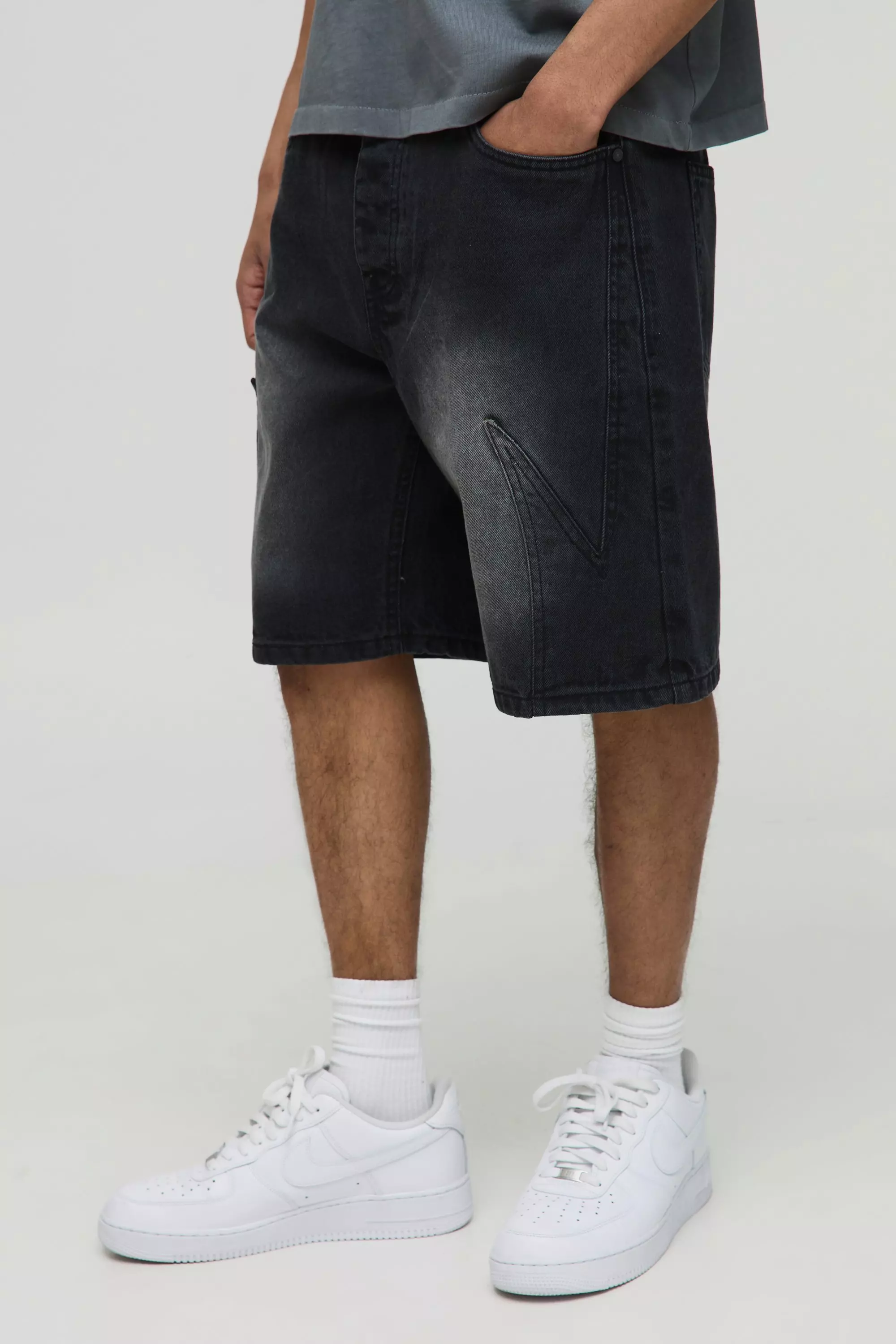 Relaxed Long Length Panelled Washed Black Shorts Washed black