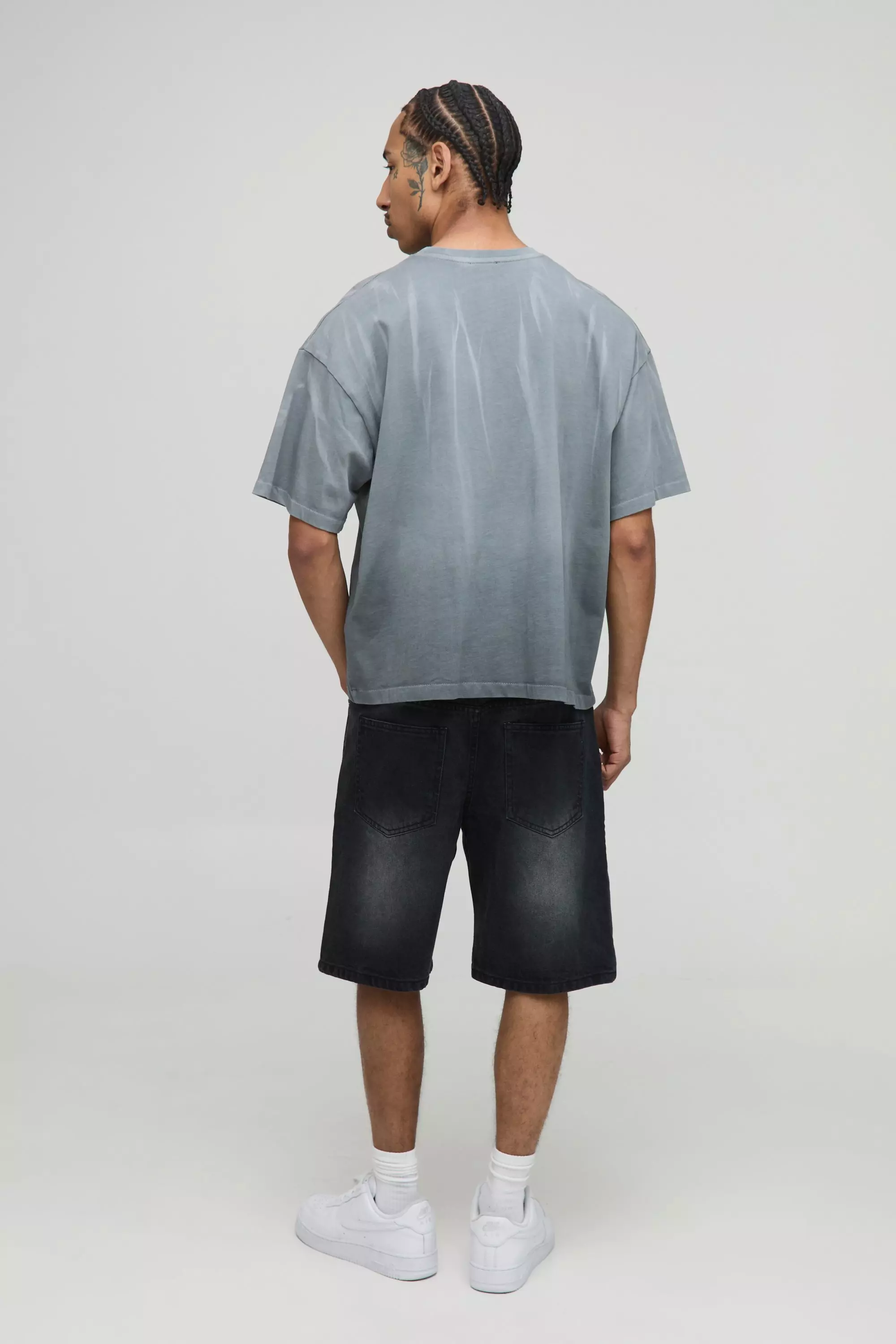Relaxed Long Length Panelled Washed Black Shorts | boohooMAN USA