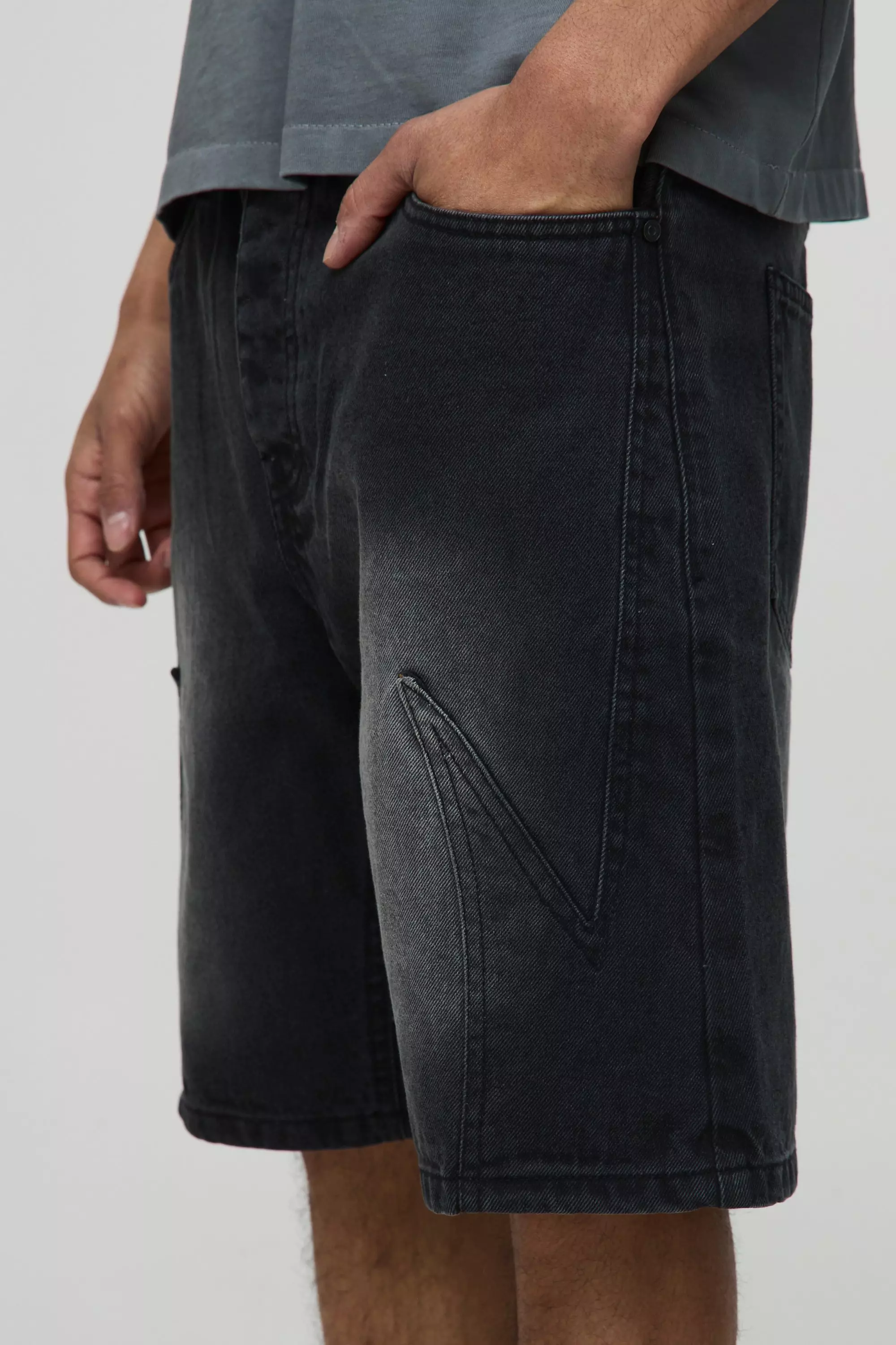 Relaxed Long Length Panelled Washed Black Shorts | boohooMAN USA