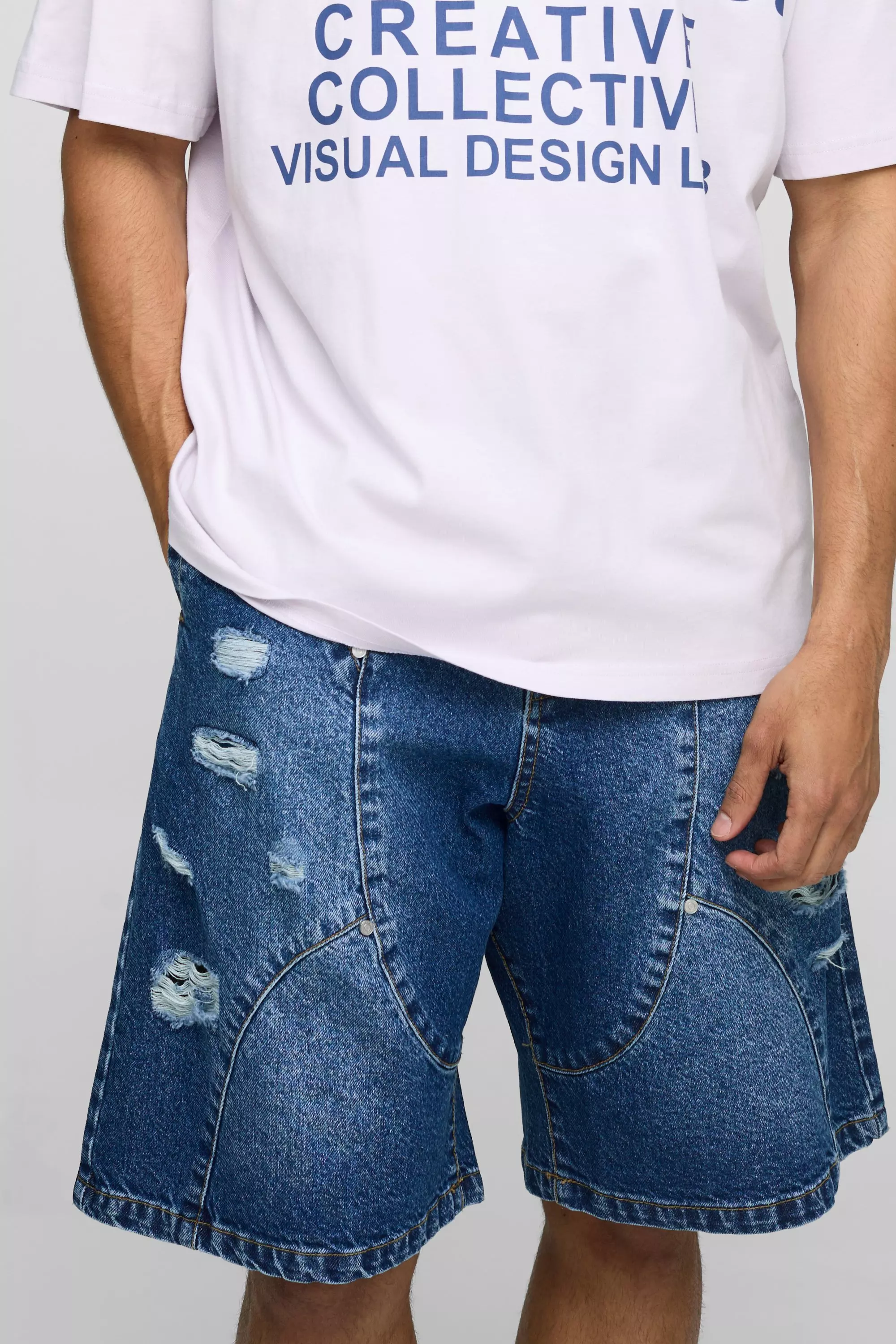 Parachute Ripped Paneled Washed Jean Shorts | boohooMAN USA