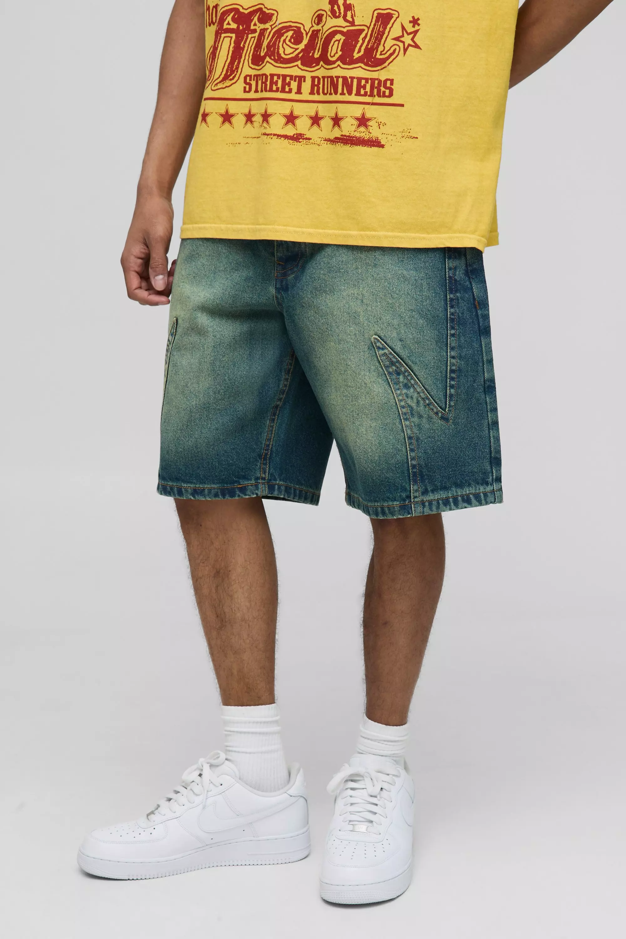 Relaxed Long Length Paneled Green Tinted Shorts | boohooMAN USA